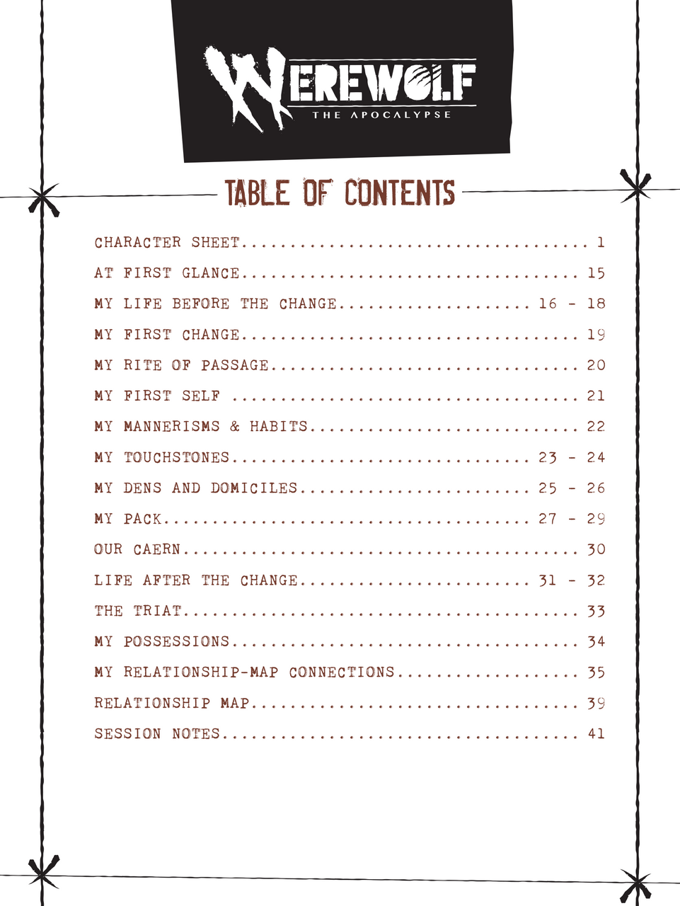 Table of Contents from &#39;Werewolf: The Apocalypse&#39; RPG book, listing character, lore, and relationship topics