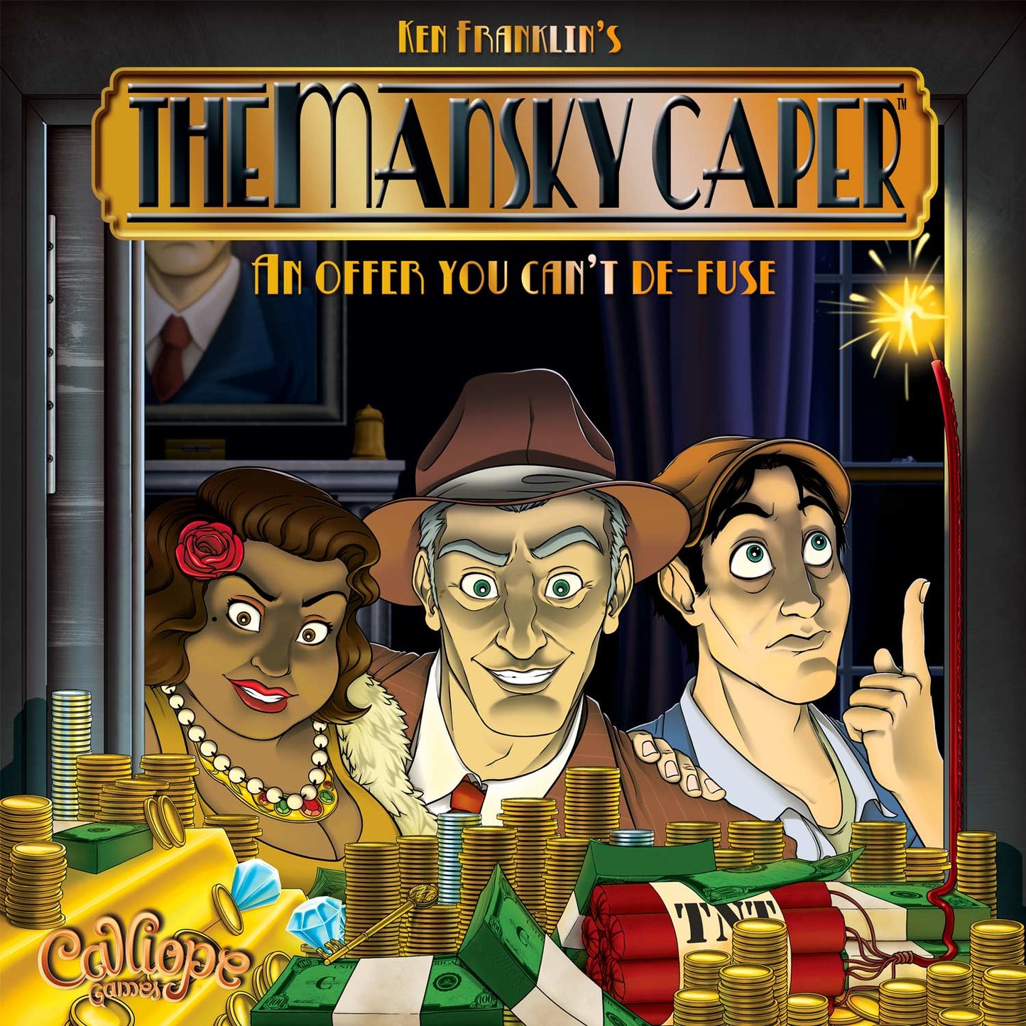 The Mansky Caper board game cover art, featuring cartoon gangsters and piles of money
