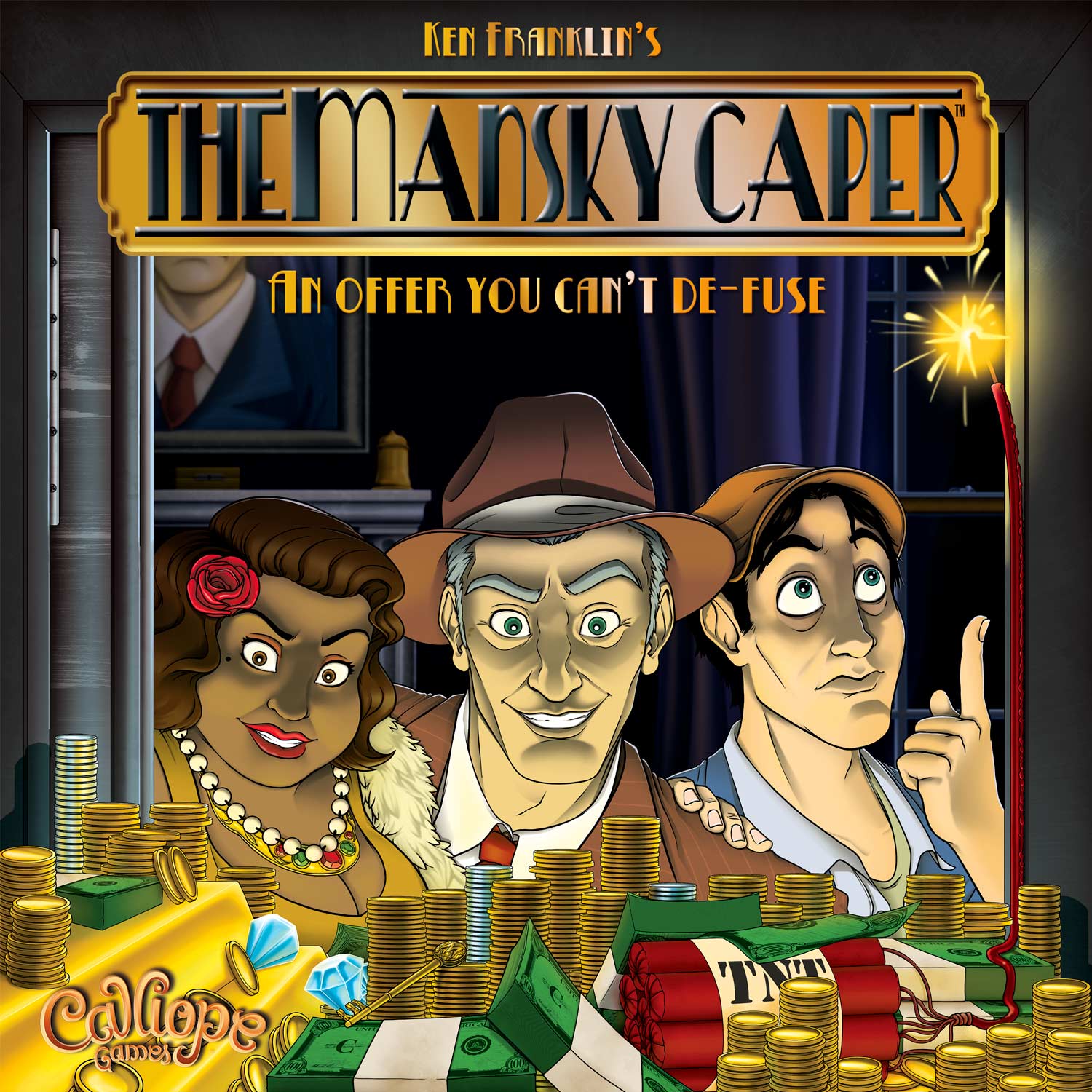 The Mansky Caper board game cover art, featuring cartoon gangsters and piles of money