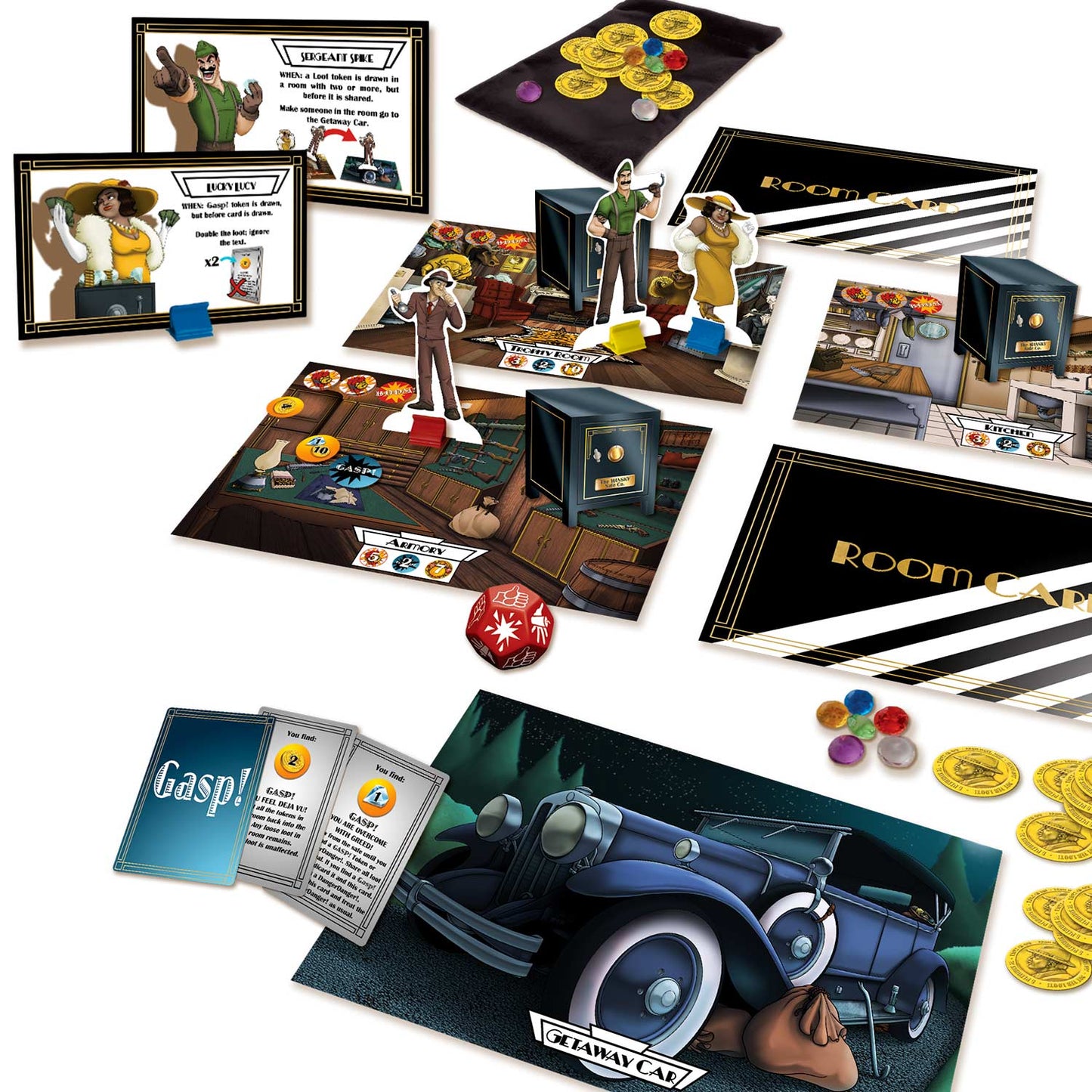 The Mansky Caper board game components: character cards, room cards, tokens, dice, and game boards