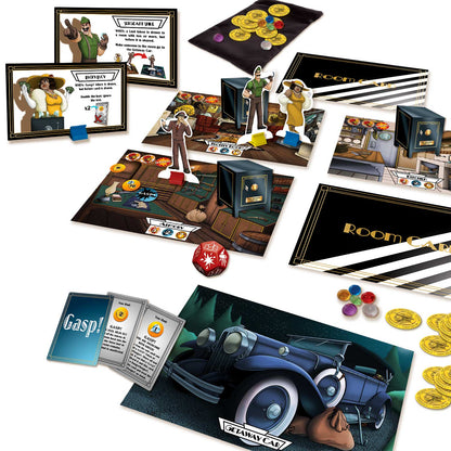 The Mansky Caper board game components: character cards, room cards, tokens, dice, and game boards