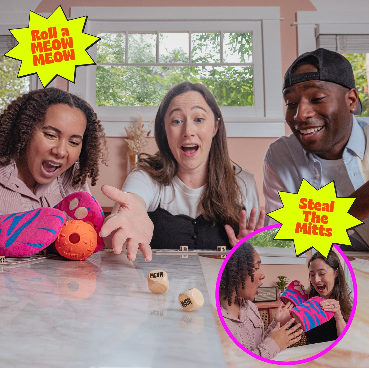 Three excited friends play a game the central woman rolls "MEOW" dice inset shows two women laughing over pink mitts
