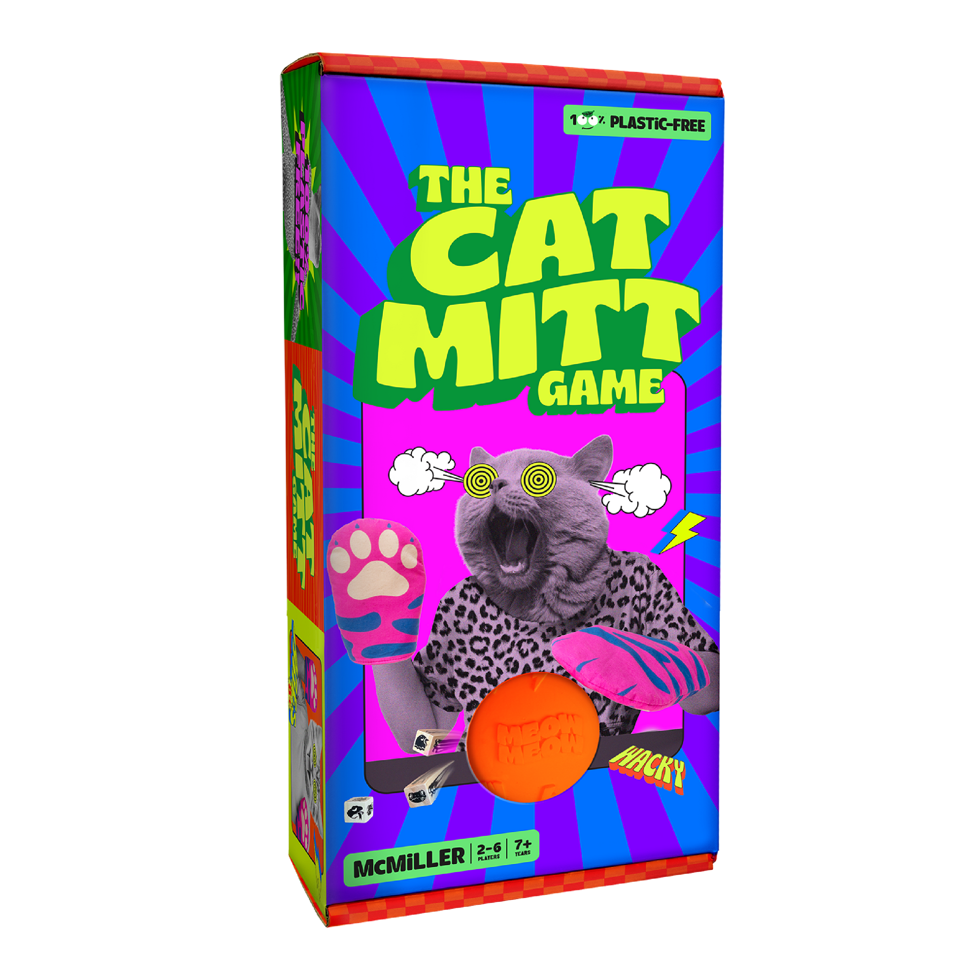 Colorful "The Cat Mitt Game" box featuring a wild-eyed cat with an open mouth wearing a pink paw mitt and leopard print shirt