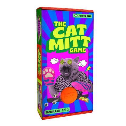 Colorful "The Cat Mitt Game" box featuring a wild-eyed cat with an open mouth wearing a pink paw mitt and leopard print shirt