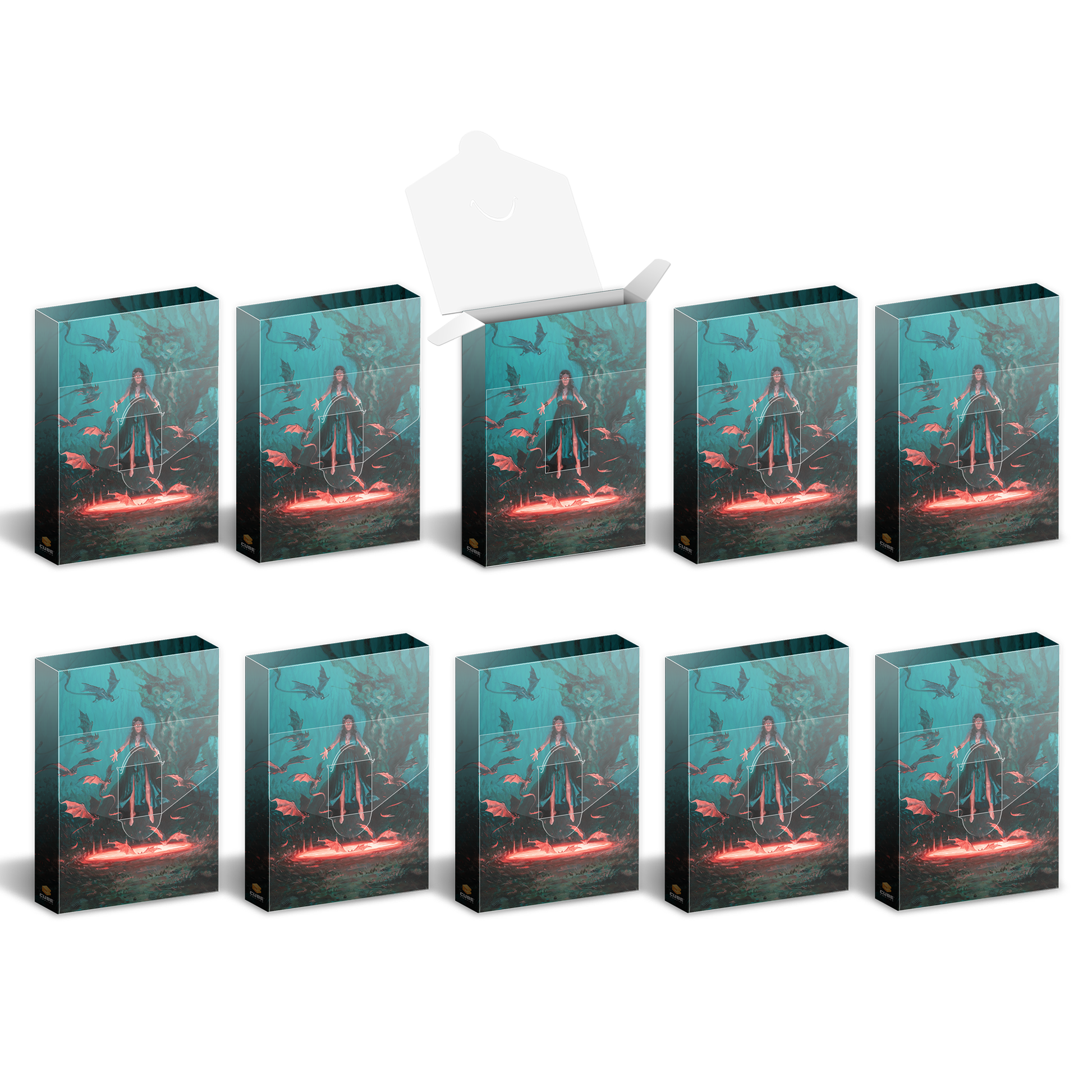 Ten boxes, one open, with fantasy art: a sorceress, flying creatures, and a glowing red portal