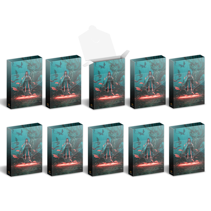 Ten boxes, one open, with fantasy art: a sorceress, flying creatures, and a glowing red portal