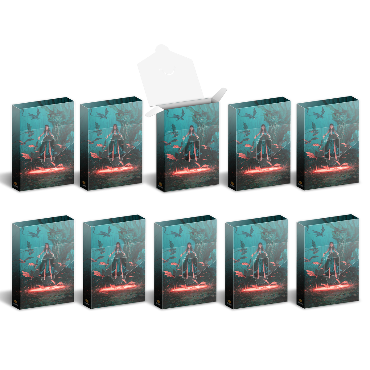 Ten boxes, one open, with fantasy art: a sorceress, flying creatures, and a glowing red portal