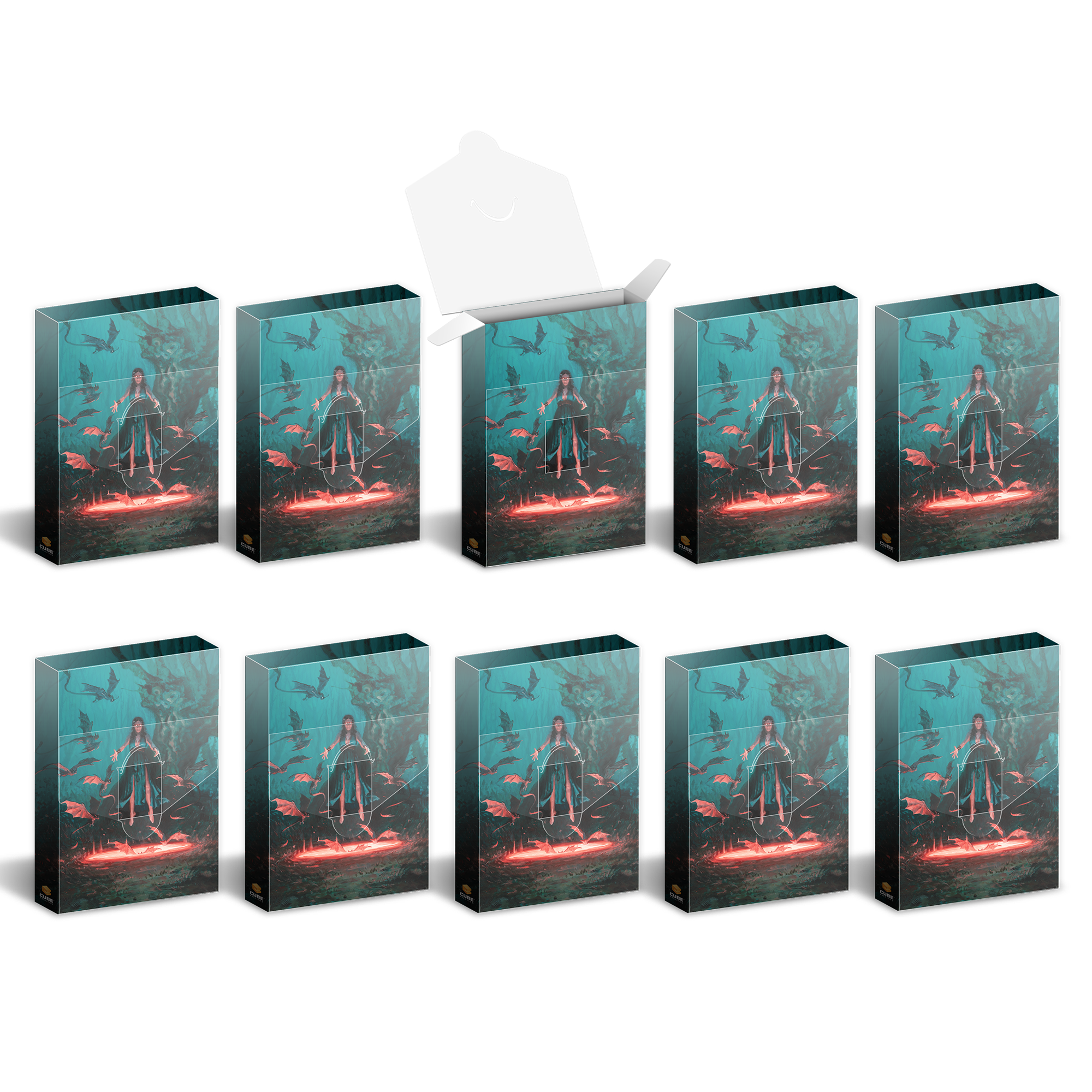 Ten boxes, one open, with fantasy art: a sorceress, flying creatures, and a glowing red portal