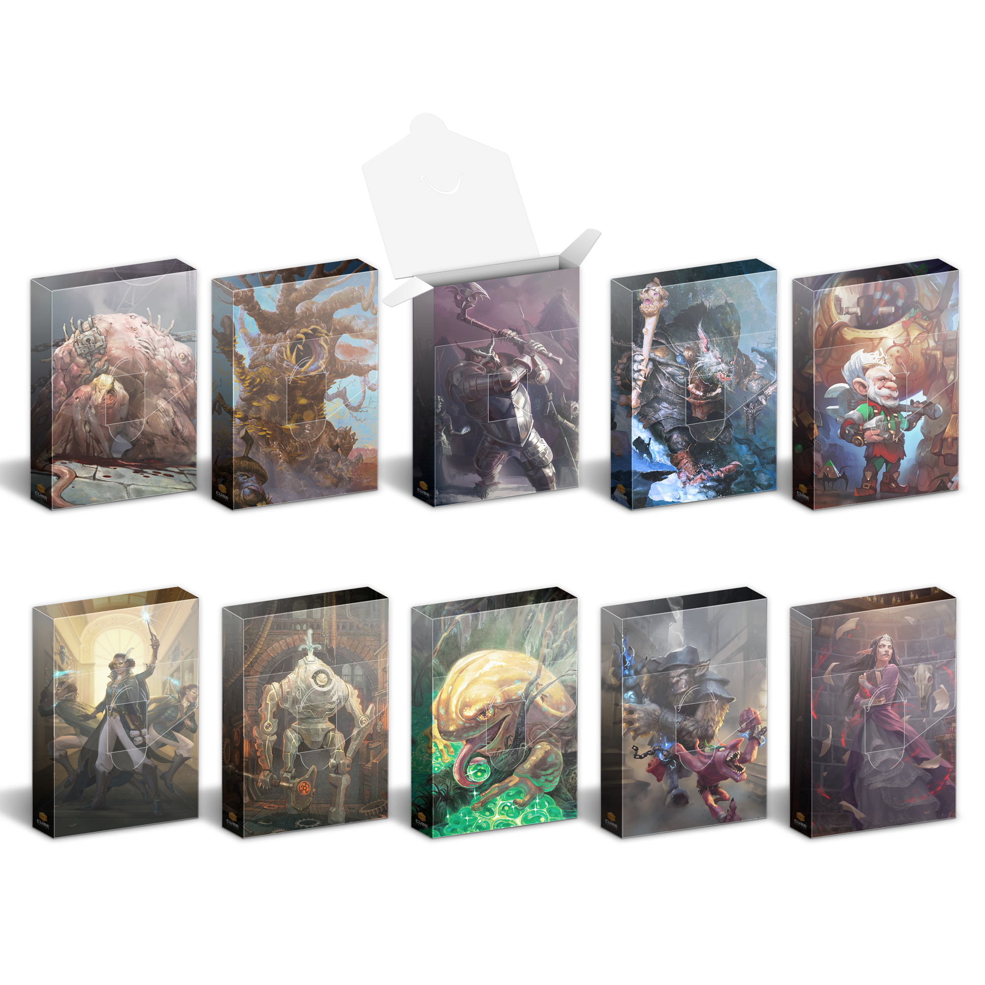 Ten colorful fantasy art card deck boxes arranged in two rows, with one box open at the top