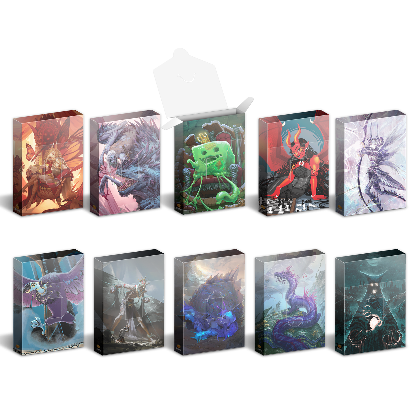 Ten fantasy-themed card boxes featuring diverse artwork of monsters and characters, one box is open