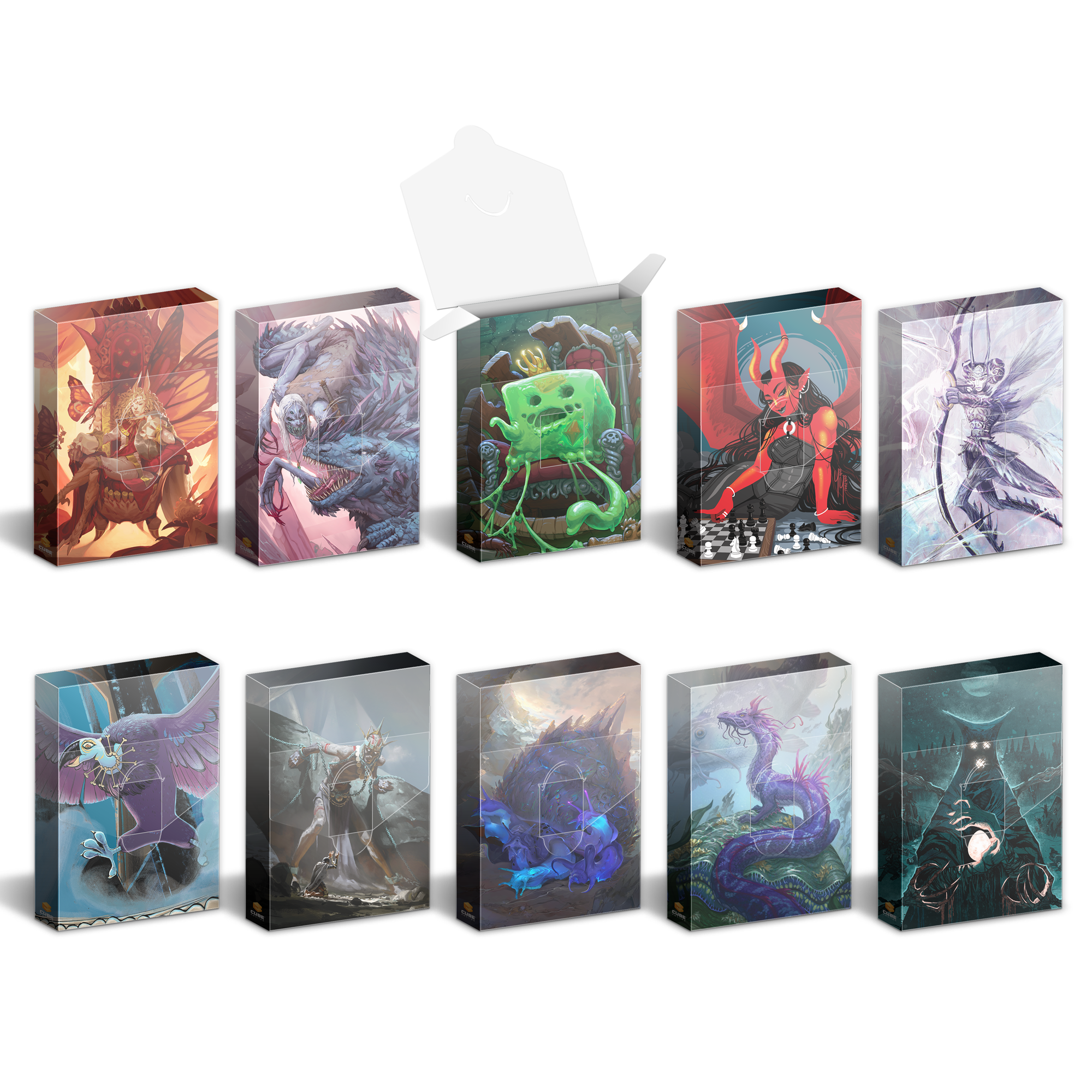 Ten fantasy-themed card boxes featuring diverse artwork of monsters and characters, one box is open