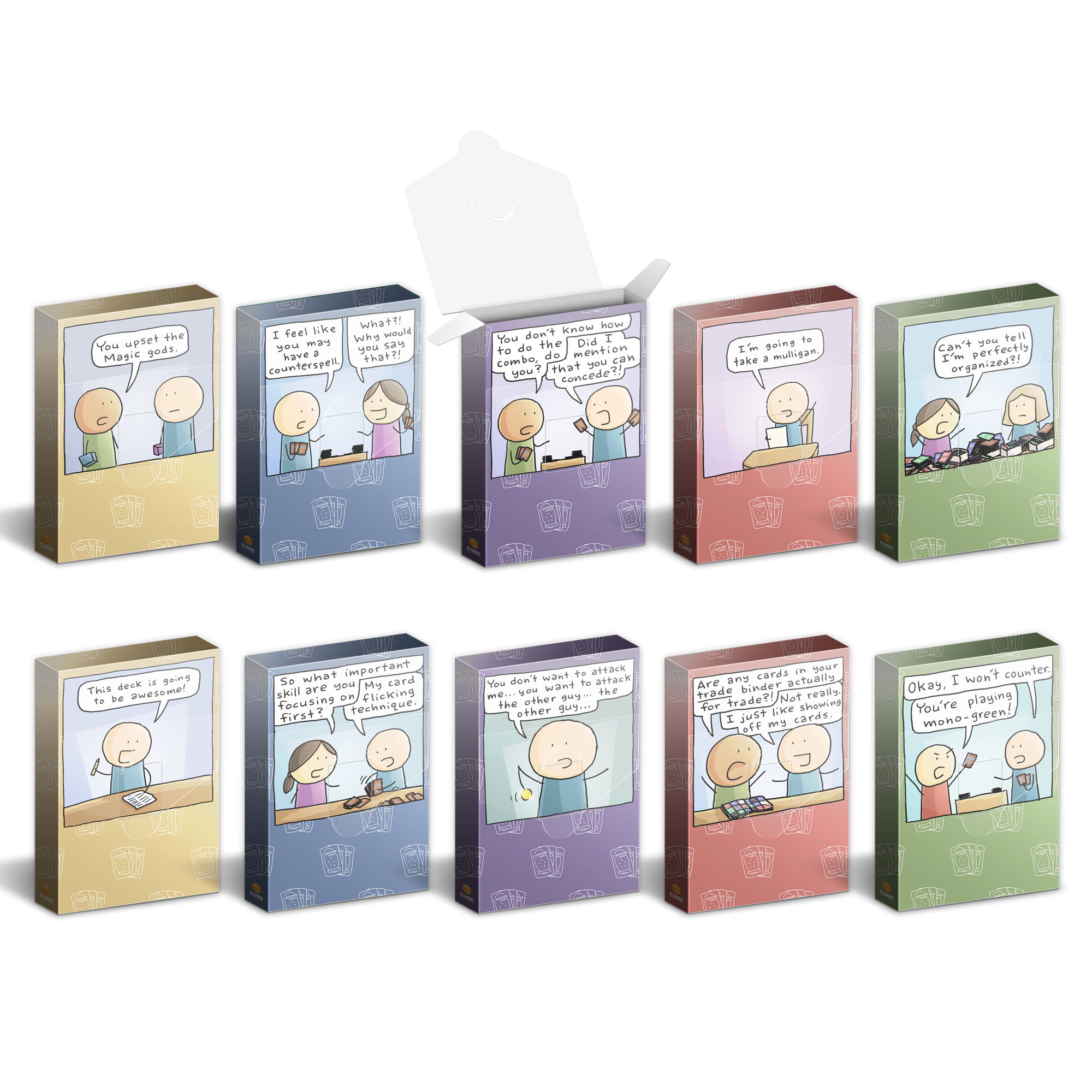 Ten card game accessory boxes in two rows, each featuring a humorous Magic: The Gathering comic