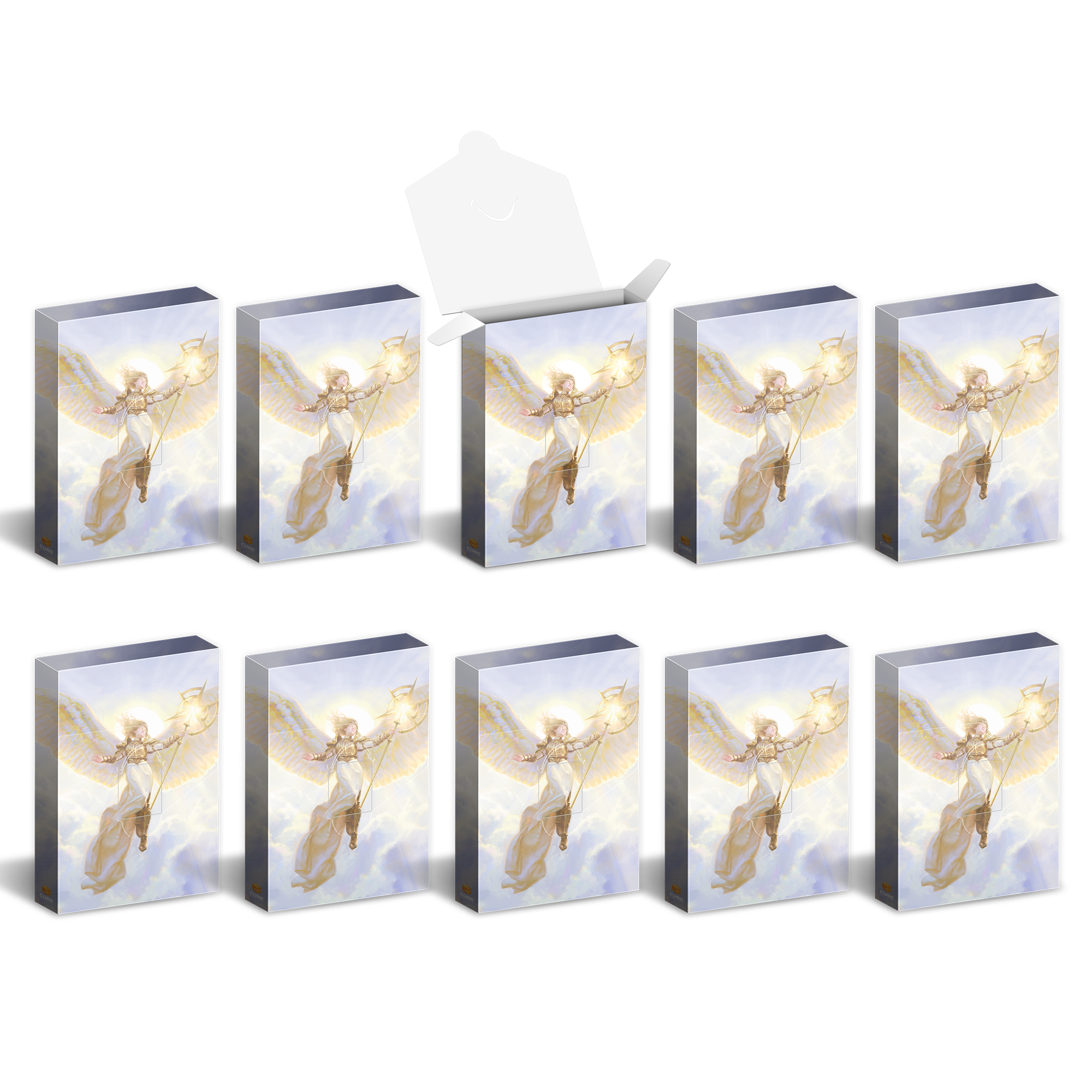 Ten packages, one open, featuring a winged angel holding a radiant celestial object and flying in a bright, cloudy sky