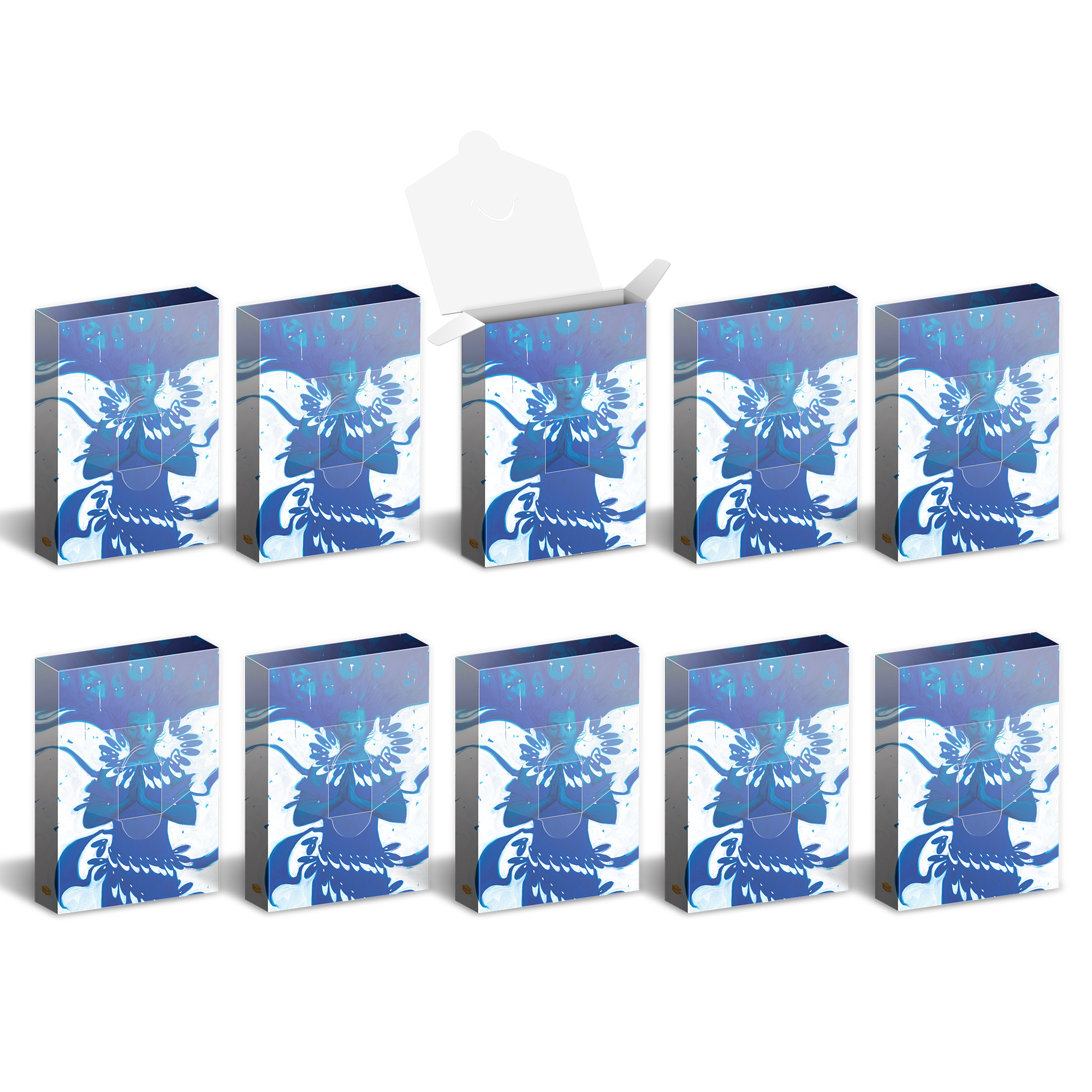 Nine closed blue and white boxes with an abstract figure design, and one identical box shown open