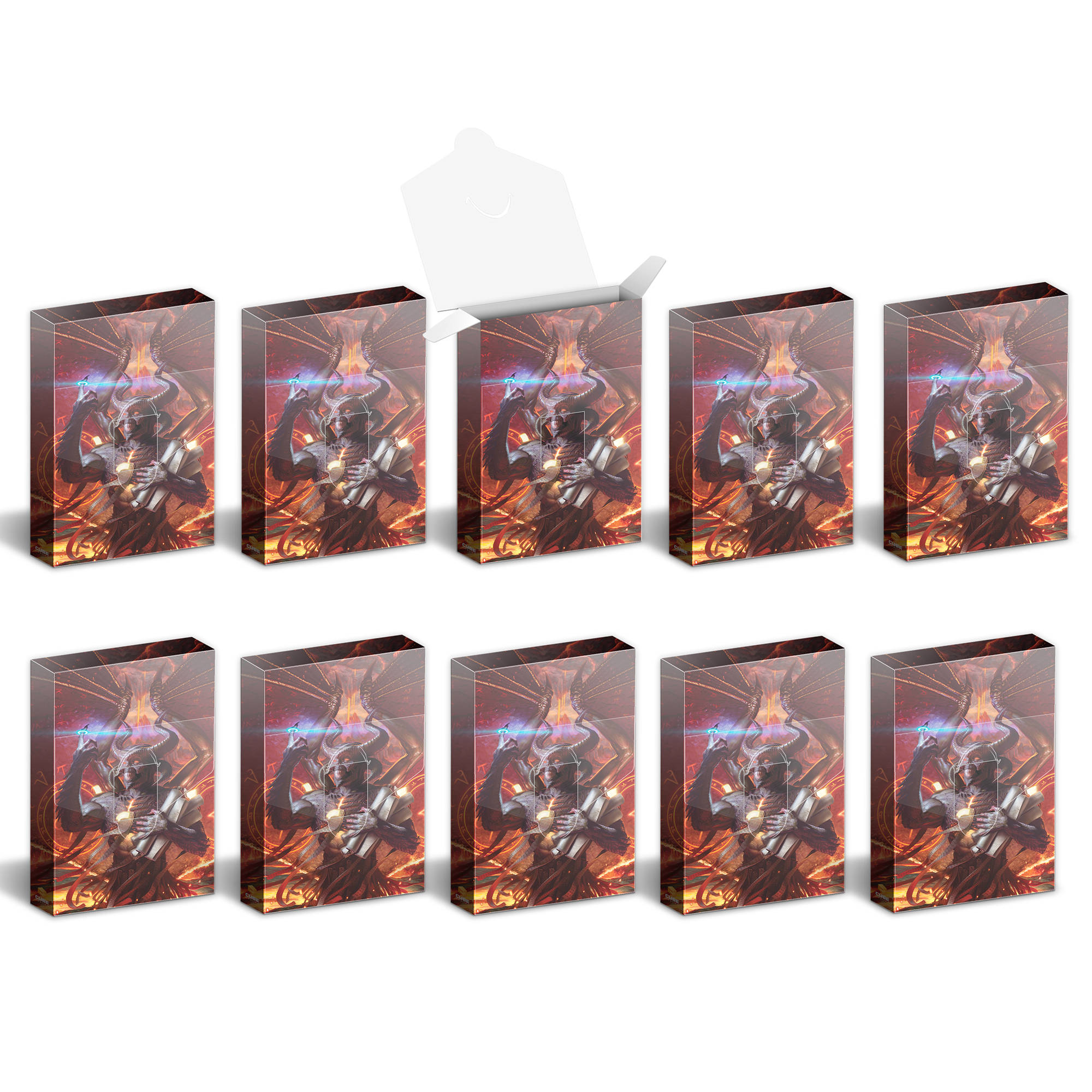 Ten identical fantasy boxes, one open, featuring a winged horned demon casting magic with glowing elements