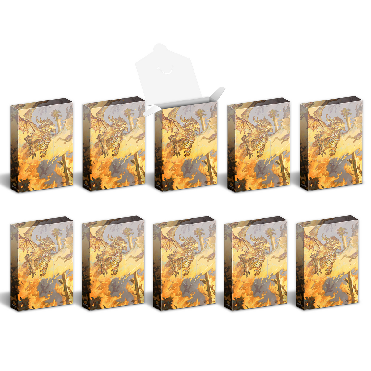 Ten card boxes featuring a golden dragon over a fiery landscape