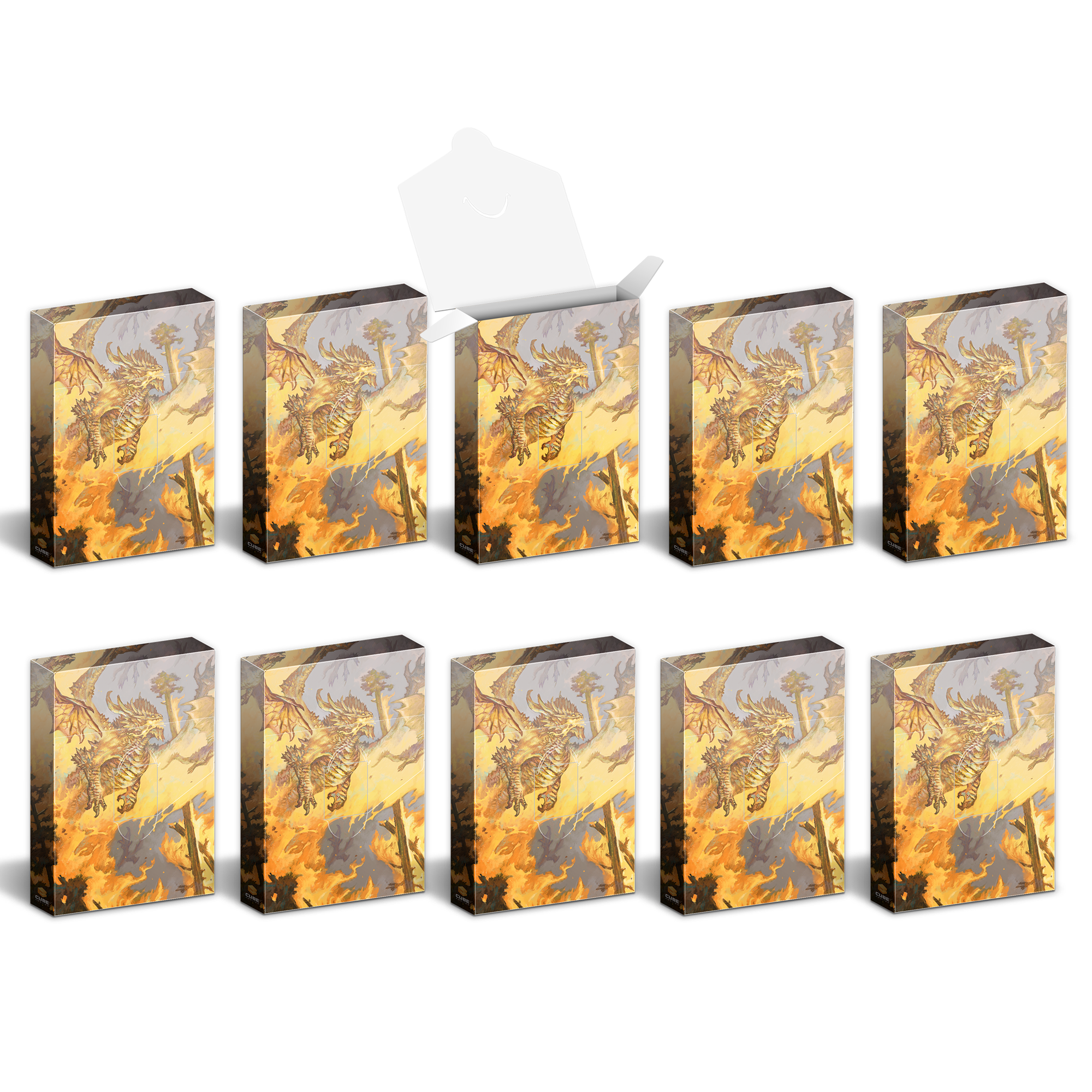 Ten card boxes featuring a golden dragon over a fiery landscape