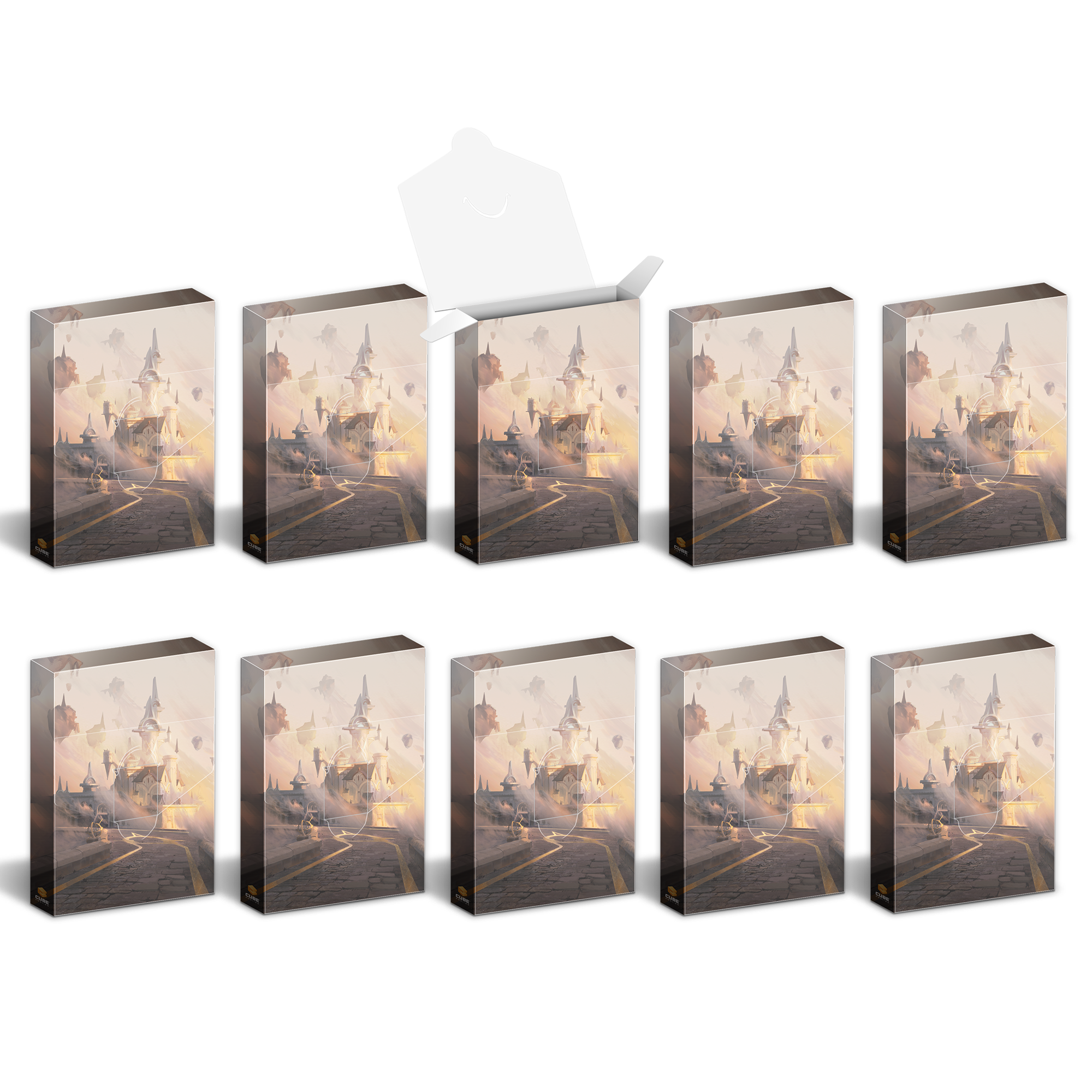 Ten boxes with a fantasy floating city illustration, arranged in two rows 