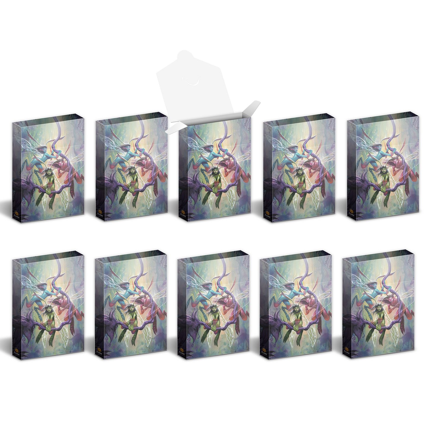Ten identical boxes with fantasy art of winged sprites and thorny vines