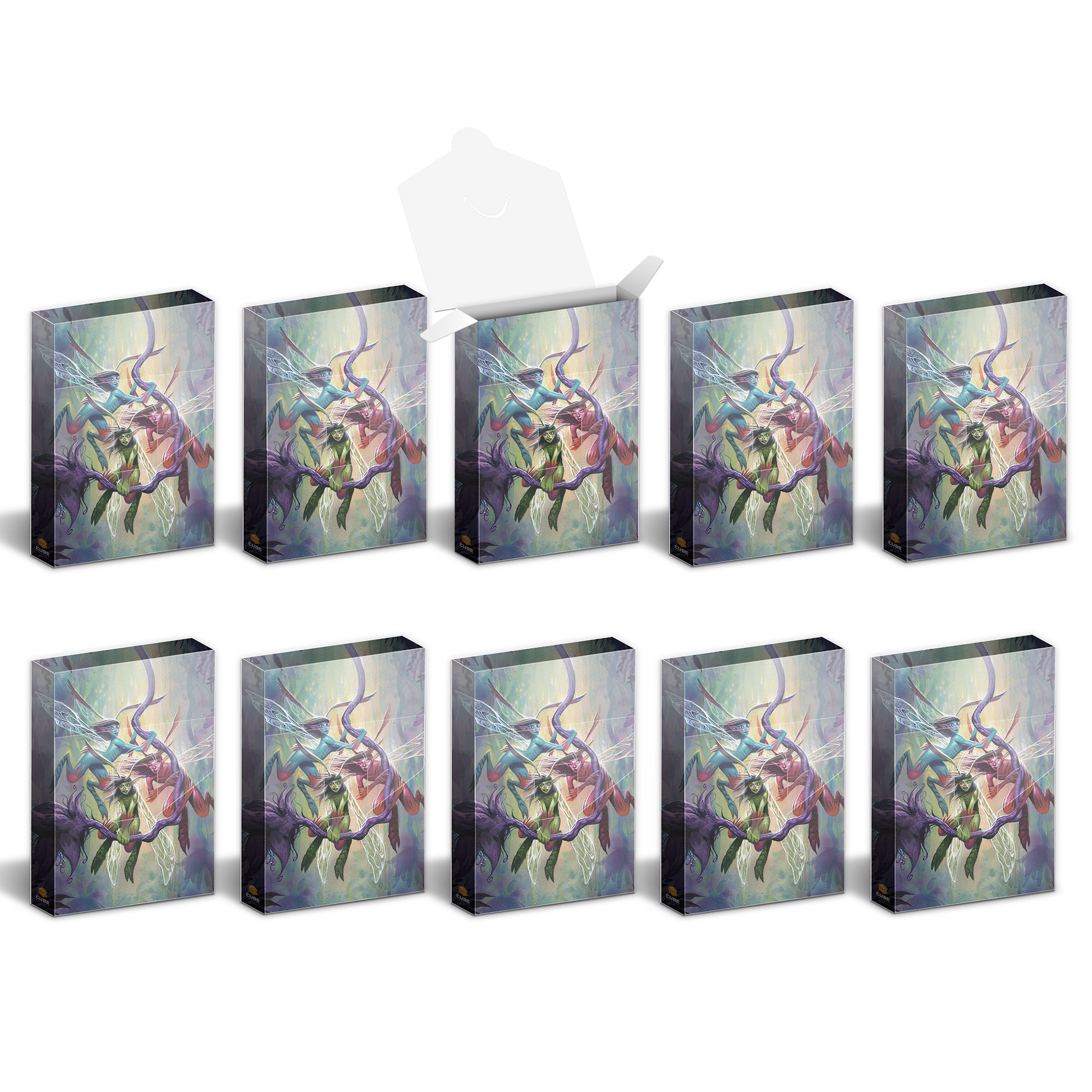 Ten identical boxes with fantasy art of winged sprites and thorny vines