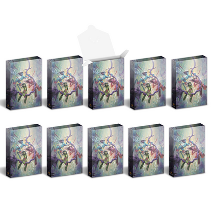 Ten identical boxes with fantasy art of winged sprites and thorny vines
