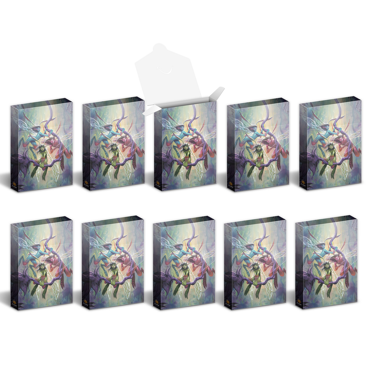 Ten identical boxes with fantasy art of winged sprites and thorny vines