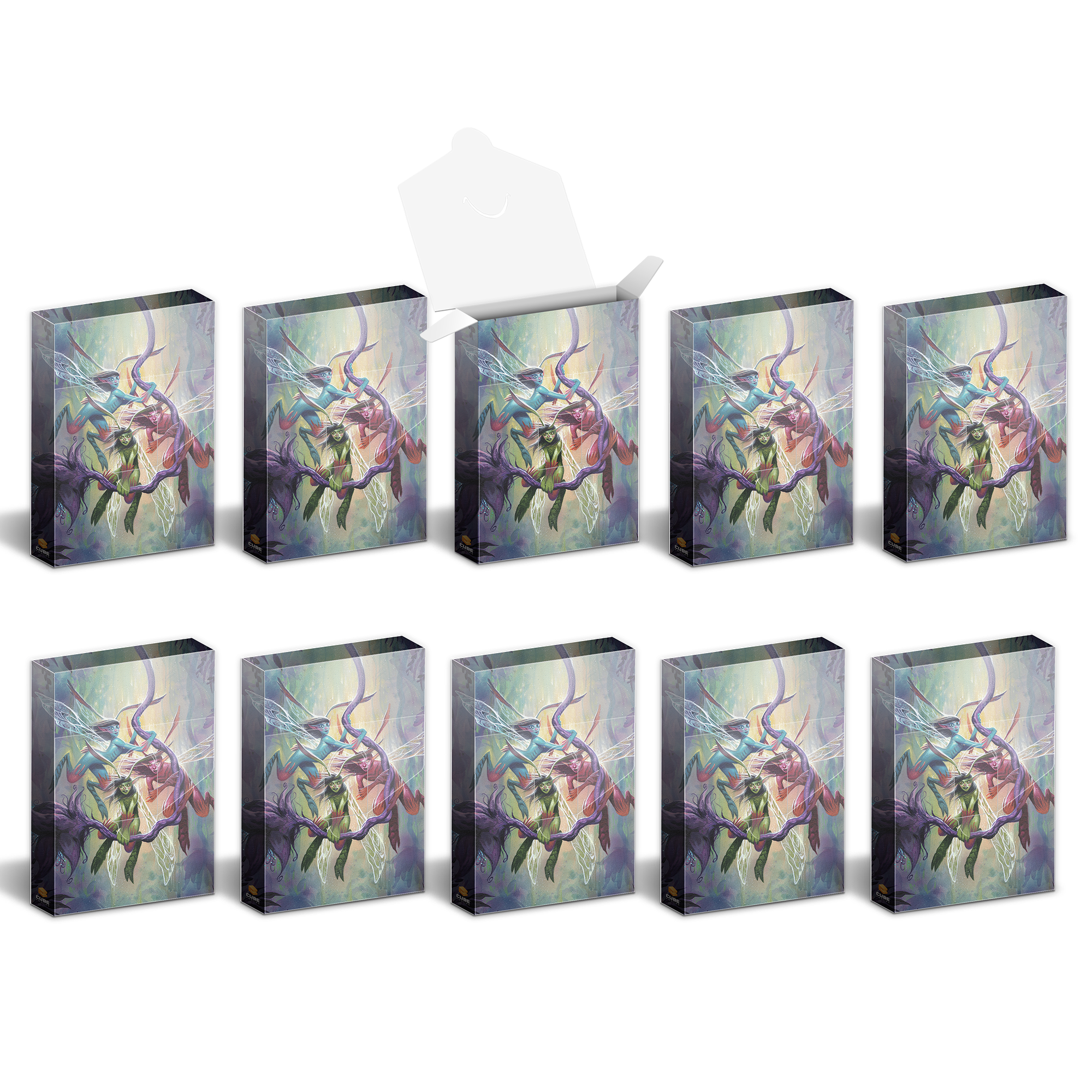 Ten identical boxes with fantasy art of winged sprites and thorny vines