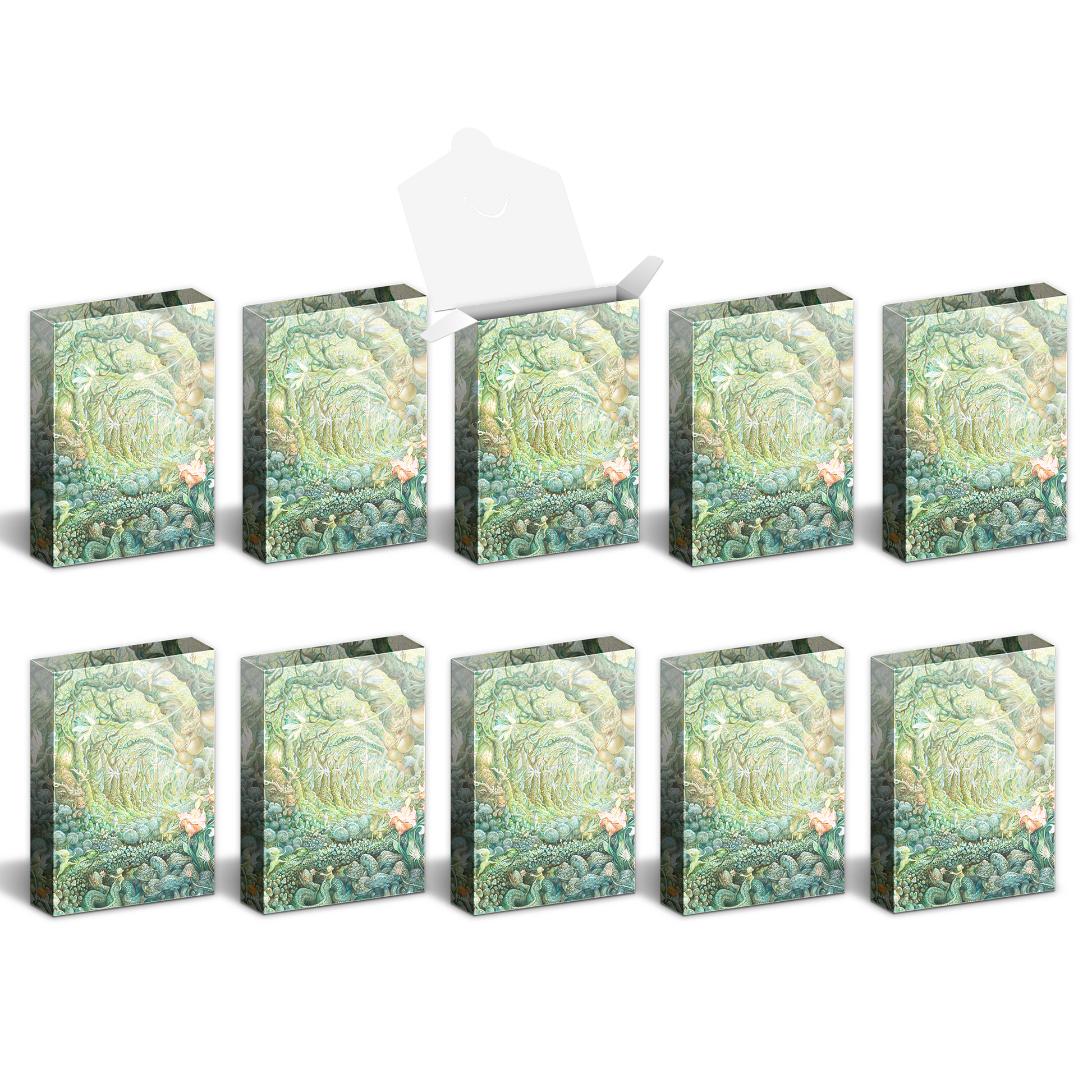 Ten packages featuring elaborate green fantasy art; one is open