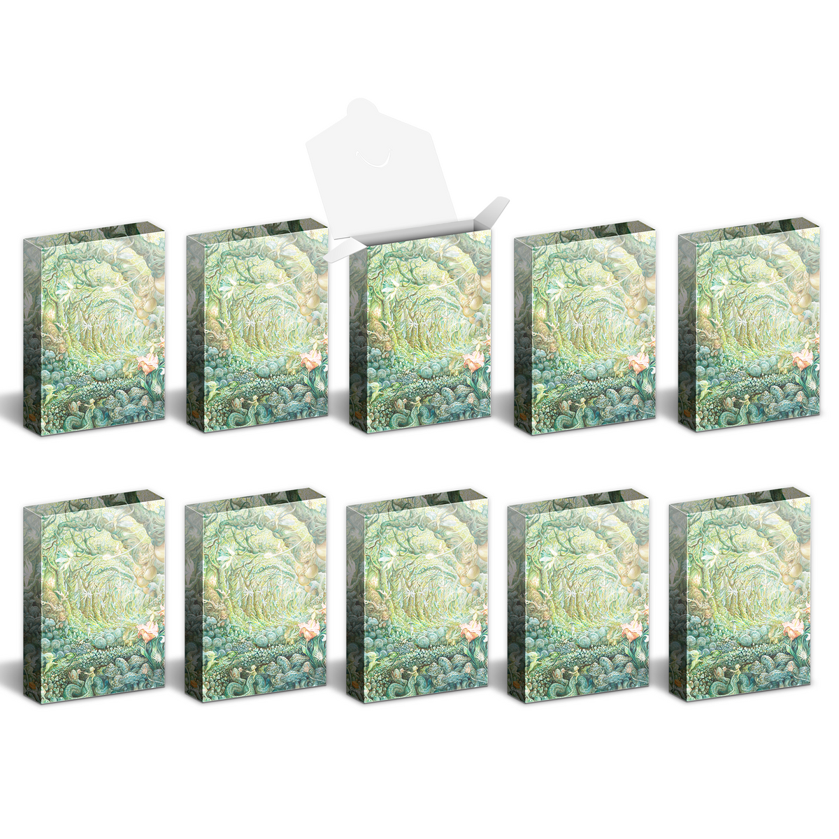 Ten packages featuring elaborate green fantasy art; one is open