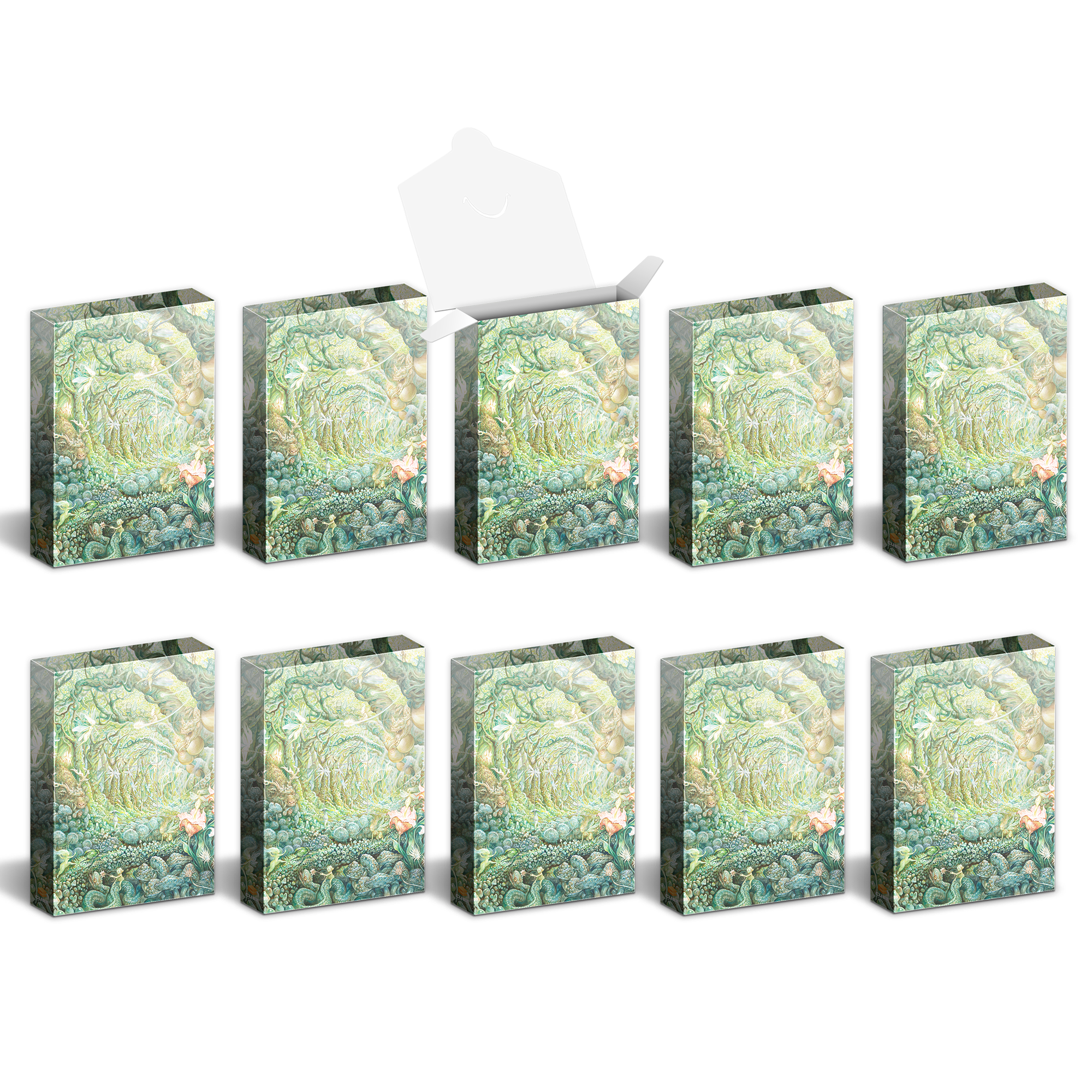 Ten packages featuring elaborate green fantasy art; one is open
