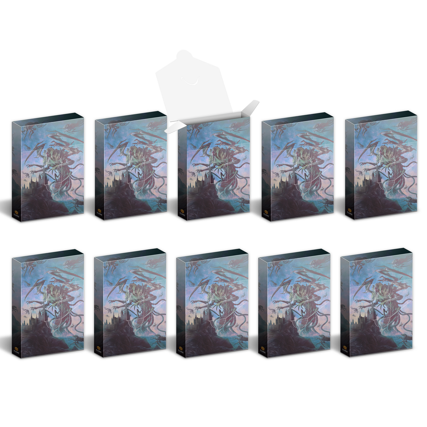 Ten identical card sleeve boxes featuring a multi-limbed monster over a castle