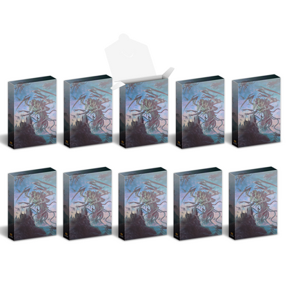 Ten identical card sleeve boxes featuring a multi-limbed monster over a castle