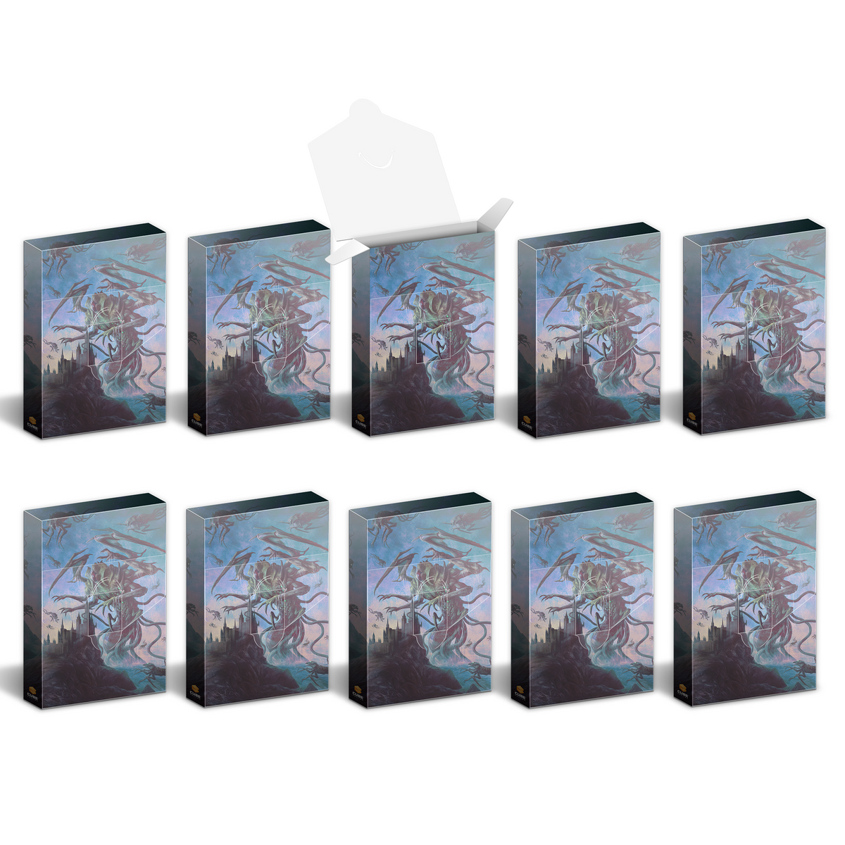 Ten identical card sleeve boxes featuring a multi-limbed monster over a castle