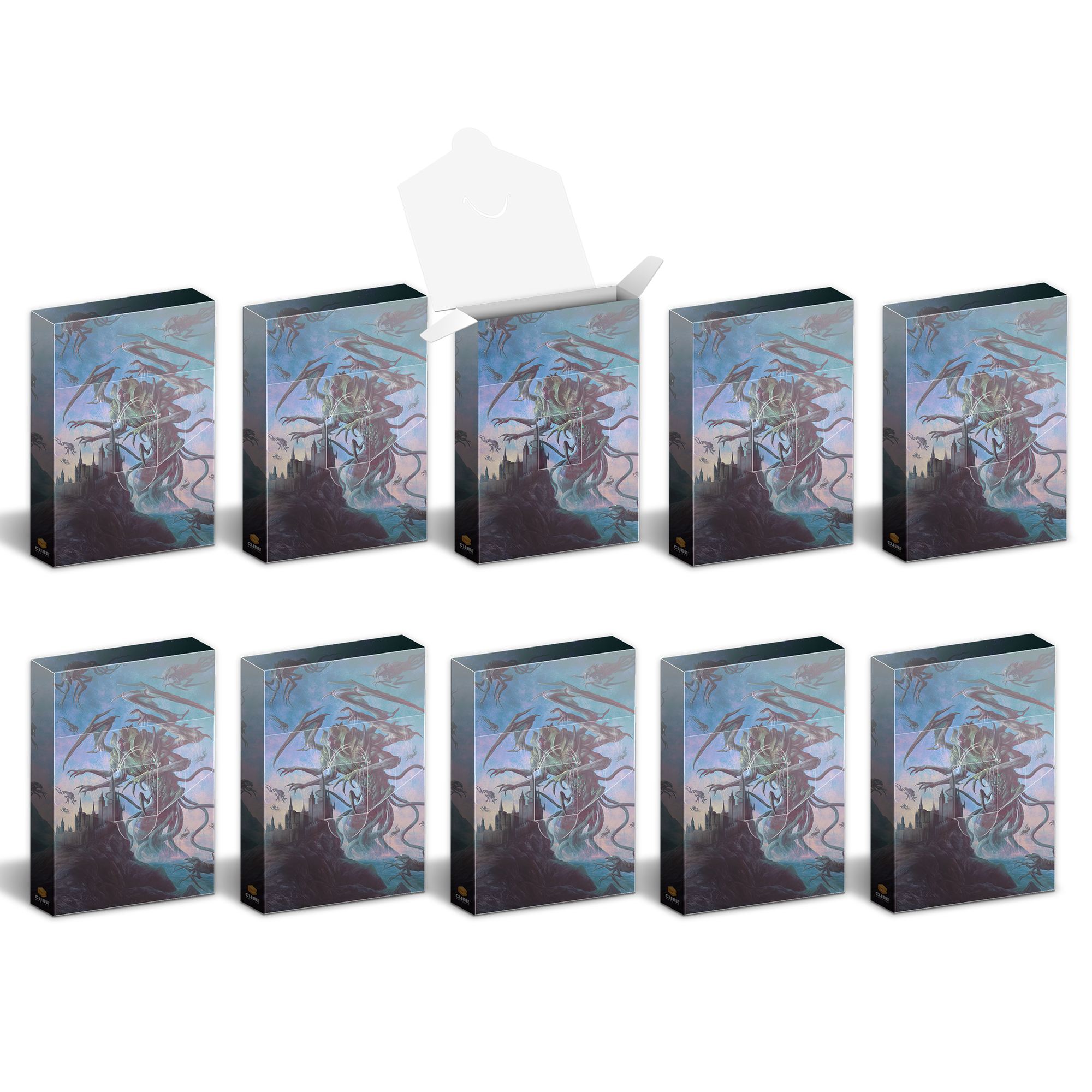 Ten identical card sleeve boxes featuring a multi-limbed monster over a castle