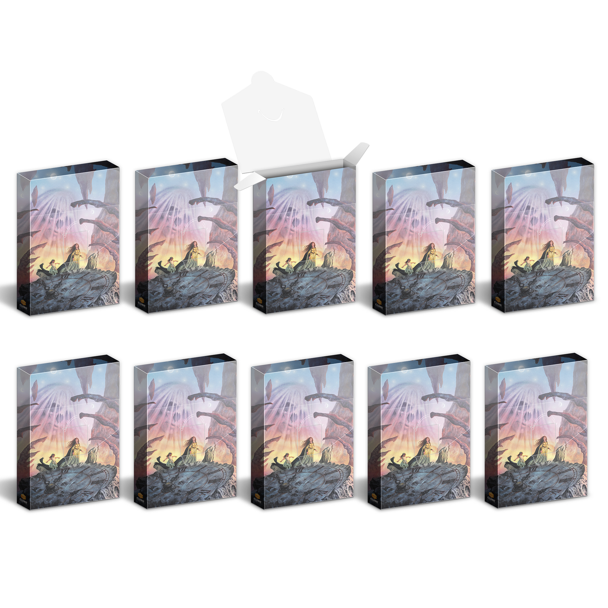 Ten boxes featuring fantasy art of robed figures on a rock, one box open and nine closed