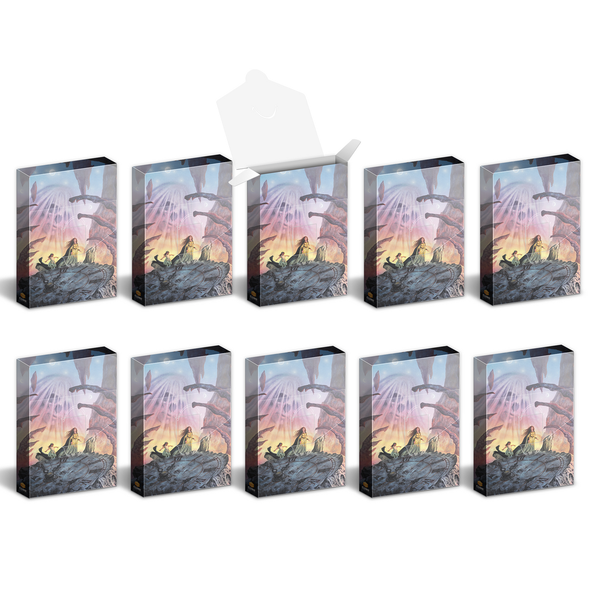 Ten boxes featuring fantasy art of robed figures on a rock, one box open and nine closed