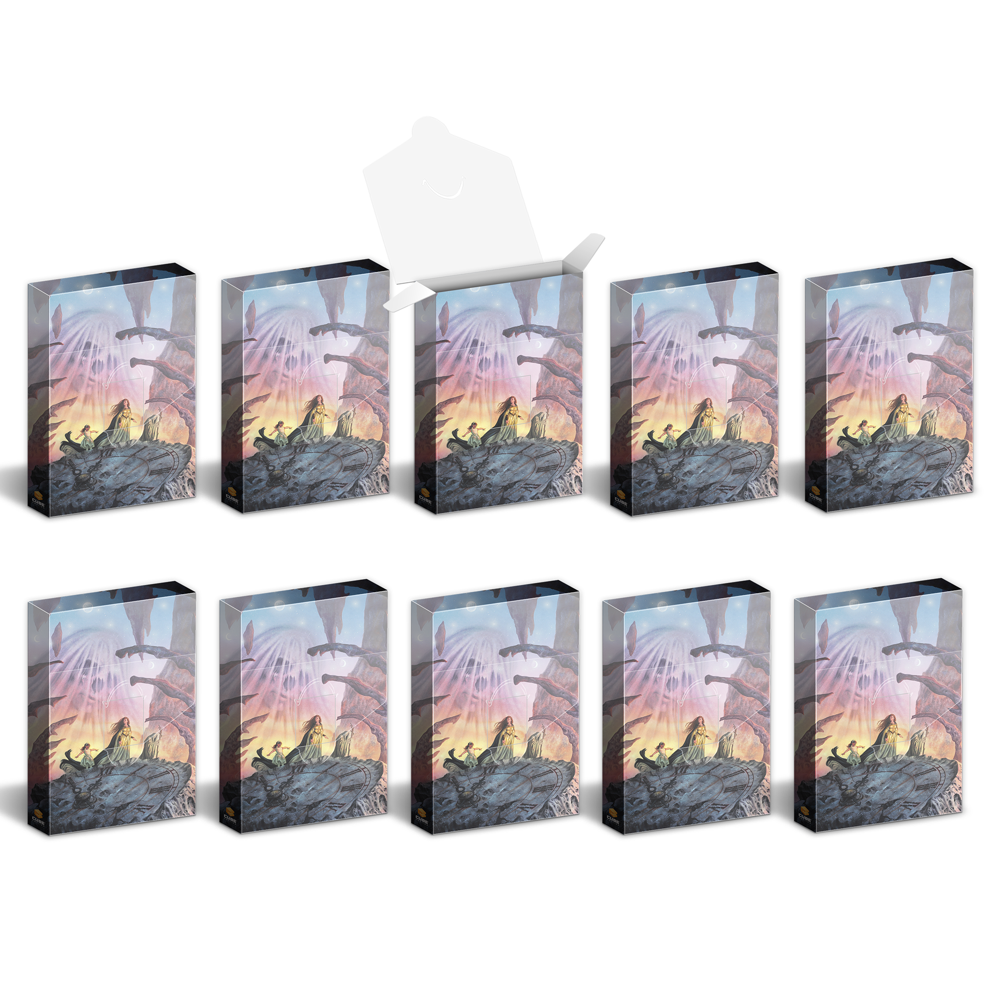 Ten boxes featuring fantasy art of robed figures on a rock, one box open and nine closed