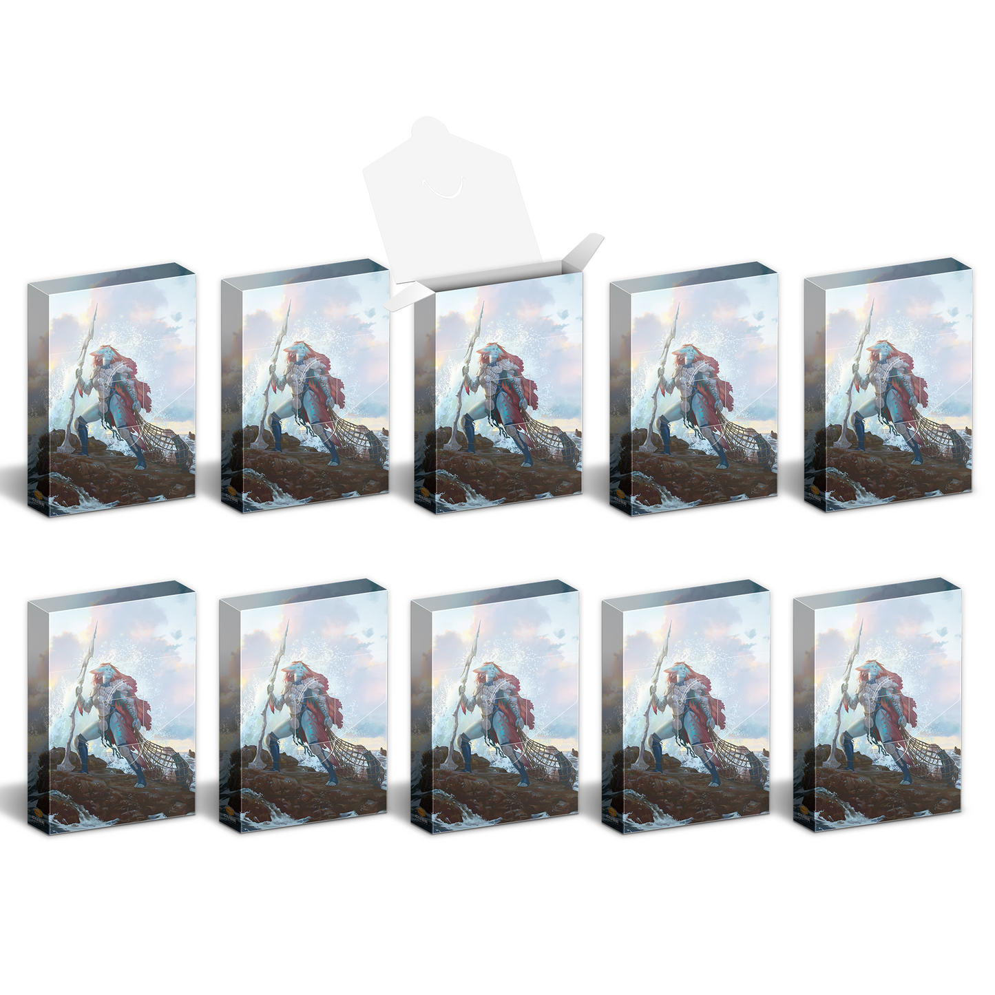 Ten identical boxes, one open, displaying fantasy art of a blue-skinned warrior with a spear on a rocky coast with crashing waves