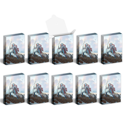 Ten identical boxes, one open, displaying fantasy art of a blue-skinned warrior with a spear on a rocky coast with crashing waves