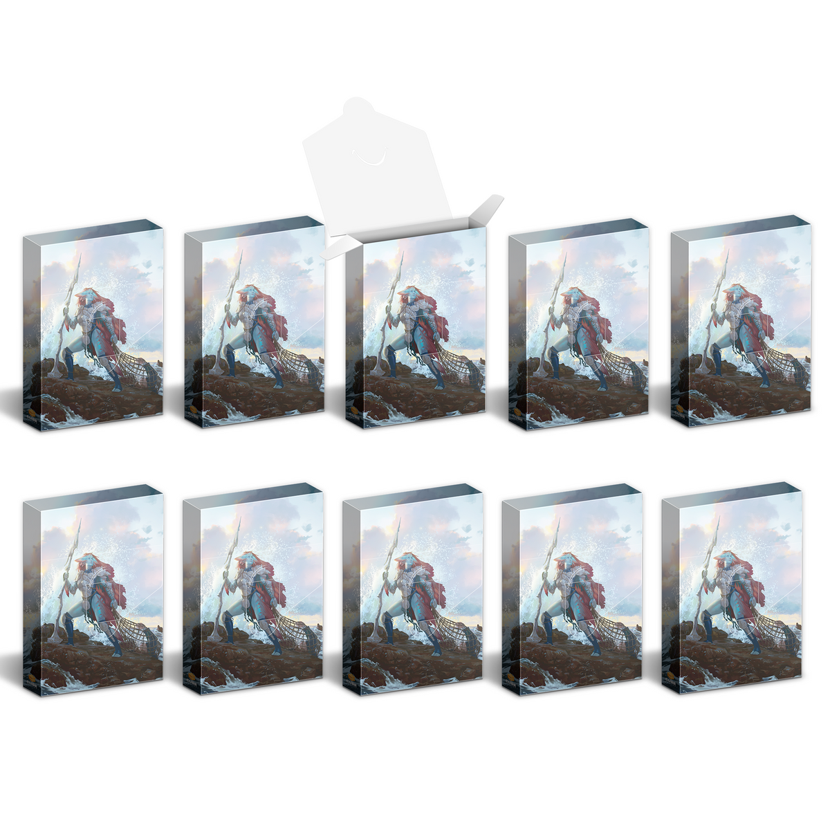 Ten identical boxes, one open, displaying fantasy art of a blue-skinned warrior with a spear on a rocky coast with crashing waves
