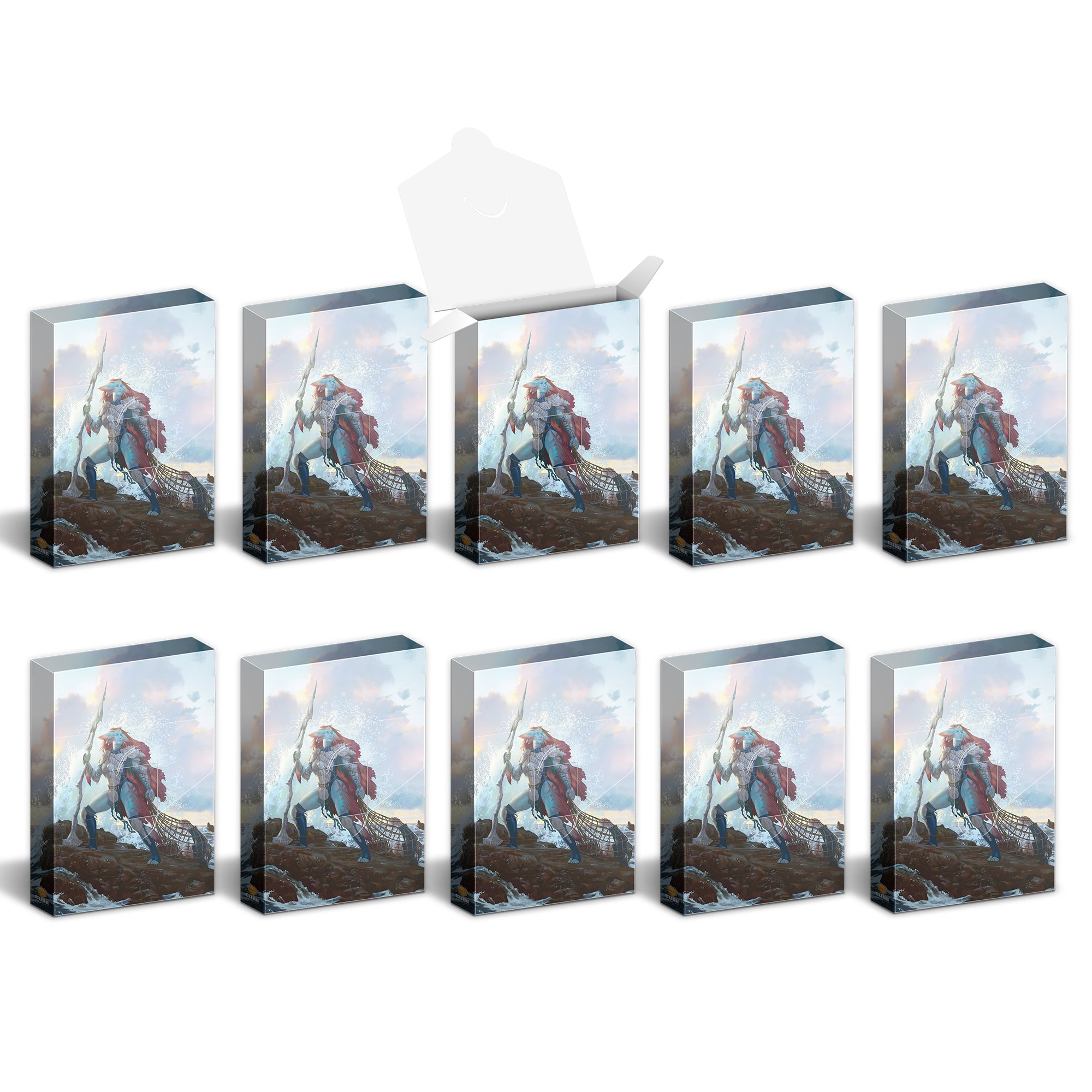 Ten identical boxes, one open, displaying fantasy art of a blue-skinned warrior with a spear on a rocky coast with crashing waves