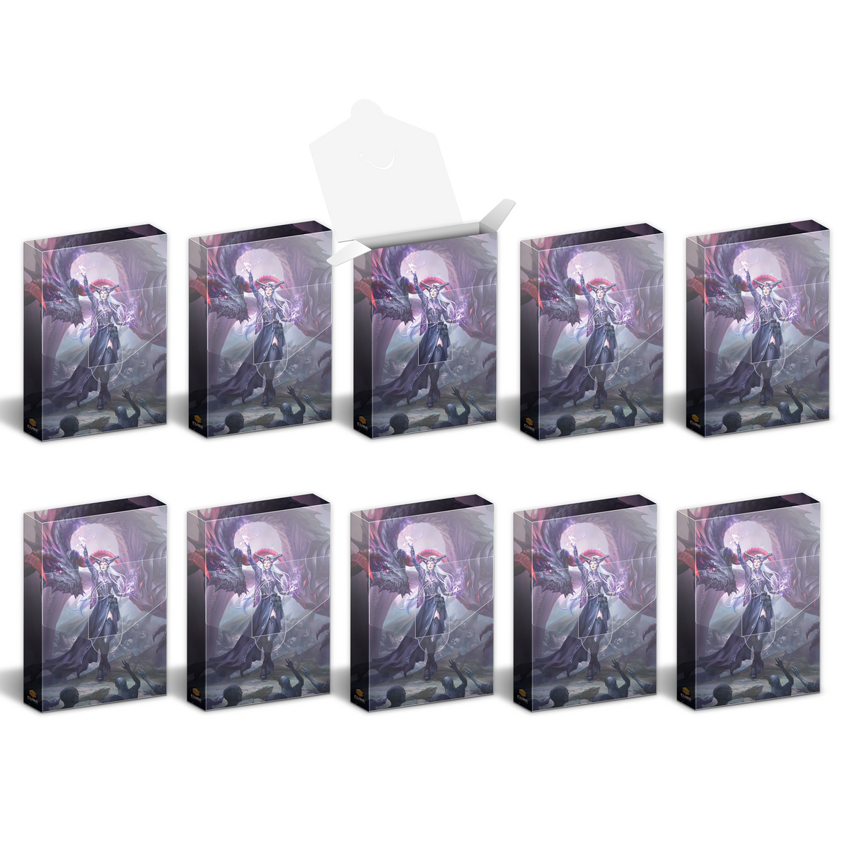 Ten fantasy deck boxes featuring dark art of a white-haired sorceress and a dragon, one box open