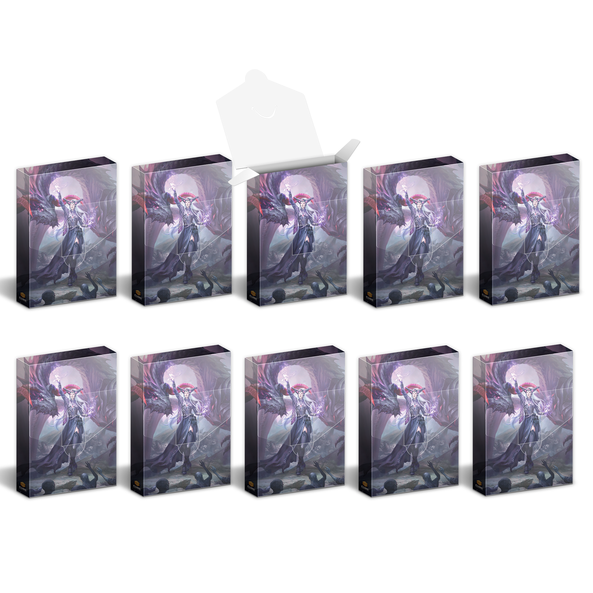 Ten fantasy deck boxes featuring dark art of a white-haired sorceress and a dragon, one box open