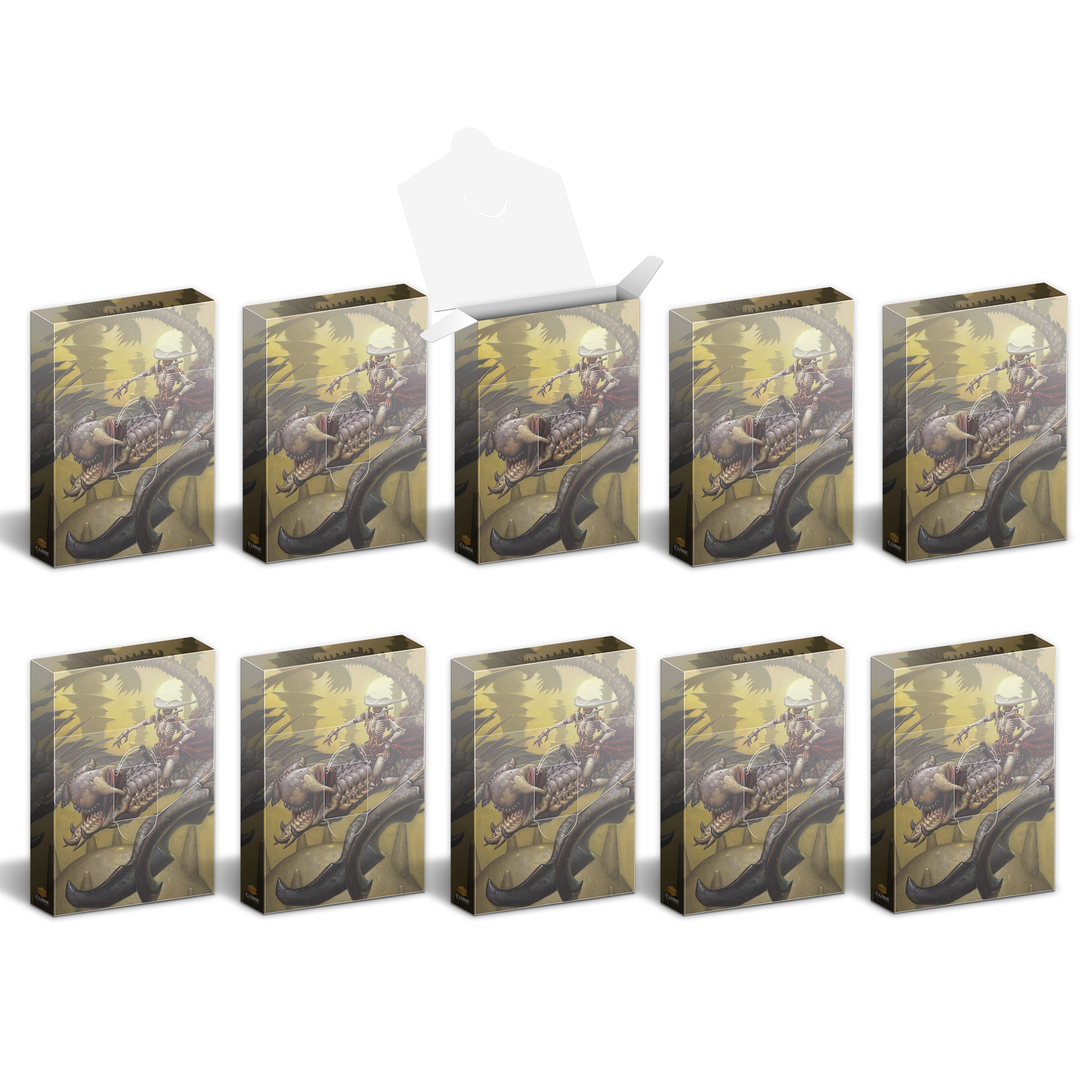 Ten card game boxes, one open, Artwork: a skeletal rider with a hat on a winged monster