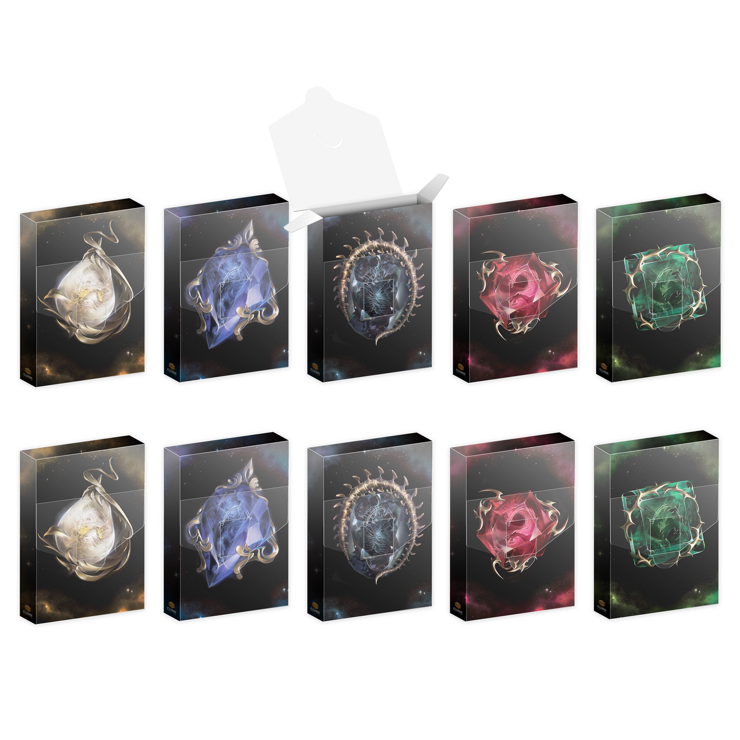 Ten product boxes in two rows; one open, others closed, each features a unique fantasy-themed gem or symbol on a starry background