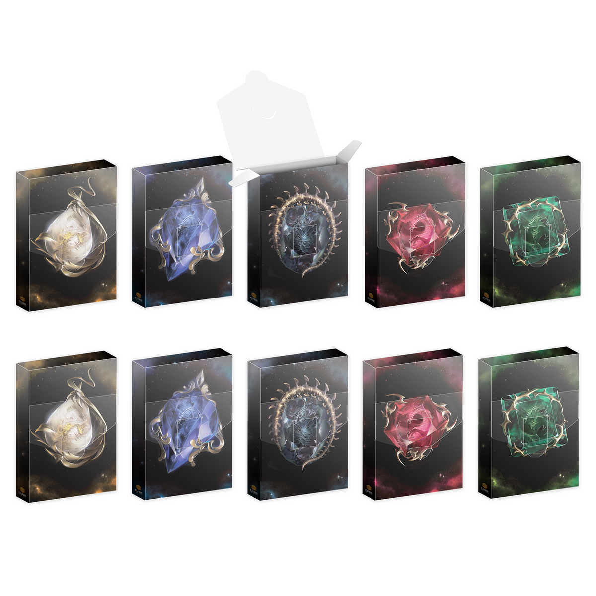 Ten product boxes in two rows; one open, others closed, each features a unique fantasy-themed gem or symbol on a starry background