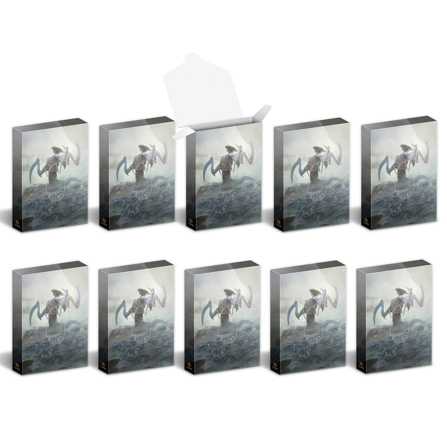 Ten card accessory boxes, one open, depicting a large scythe-armed creature over a horde