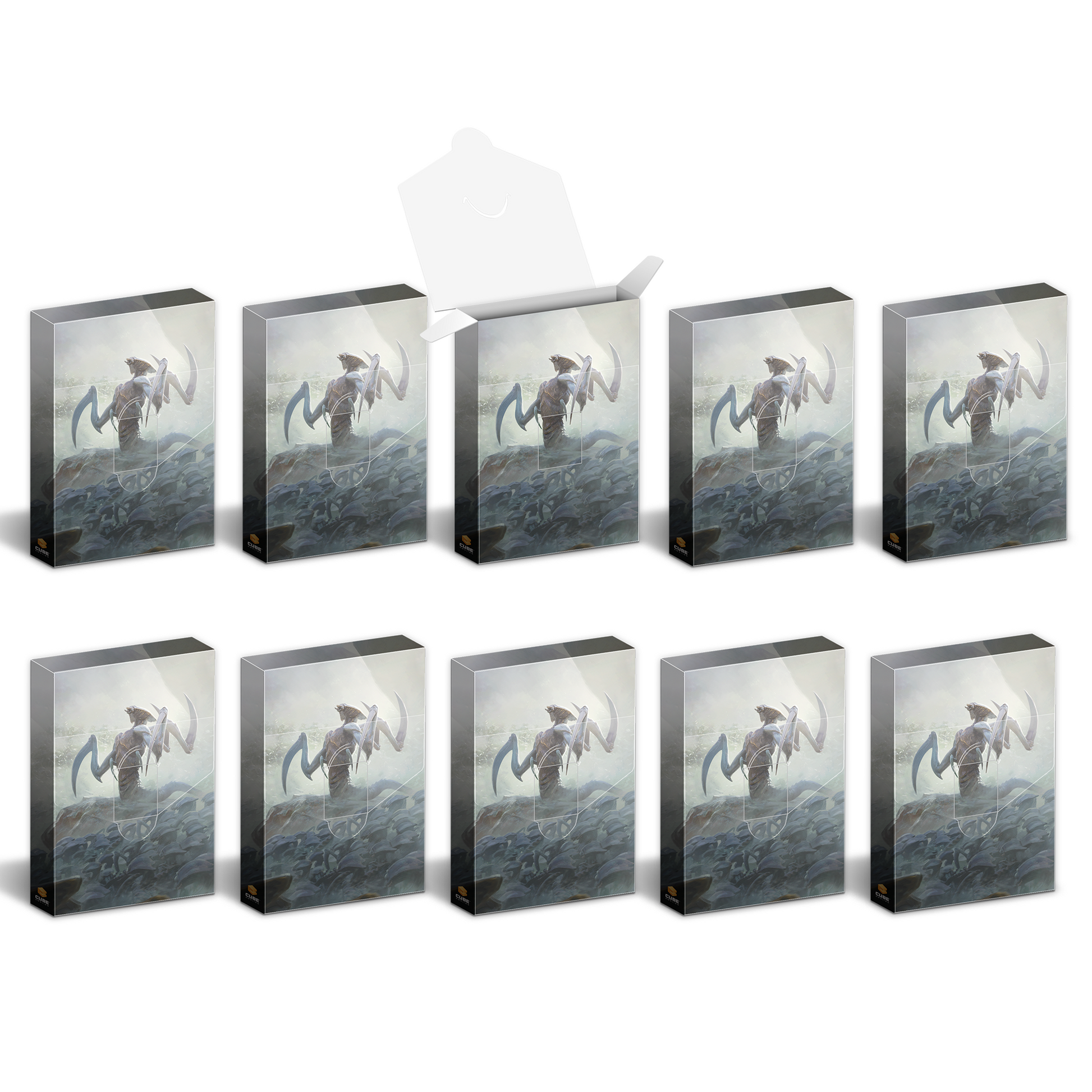 Ten card accessory boxes, one open, depicting a large scythe-armed creature over a horde