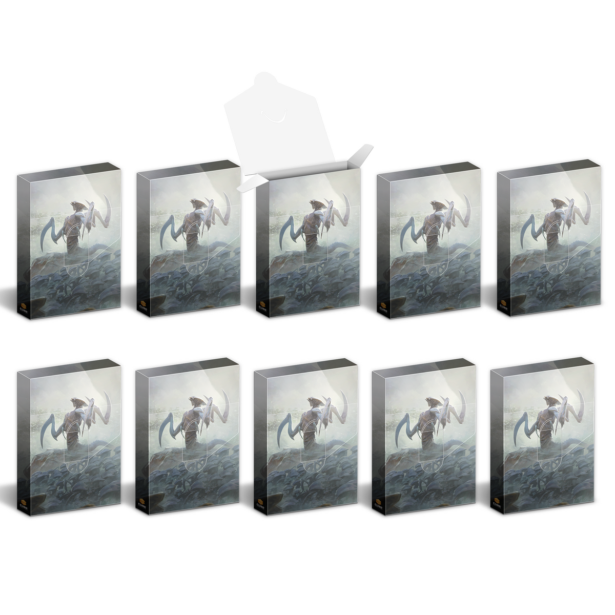 Ten card accessory boxes, one open, depicting a large scythe-armed creature over a horde