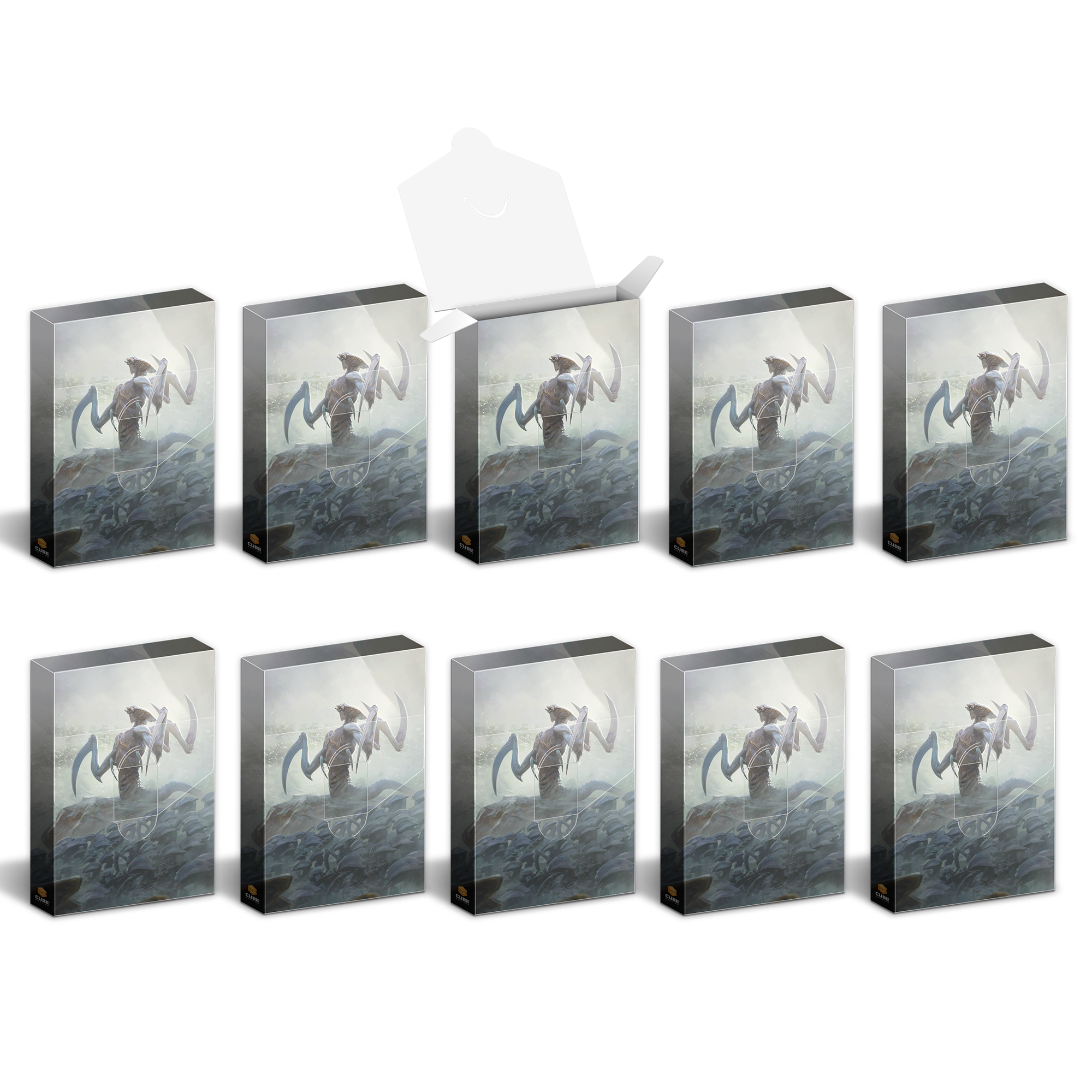 Ten card accessory boxes, one open, depicting a large scythe-armed creature over a horde